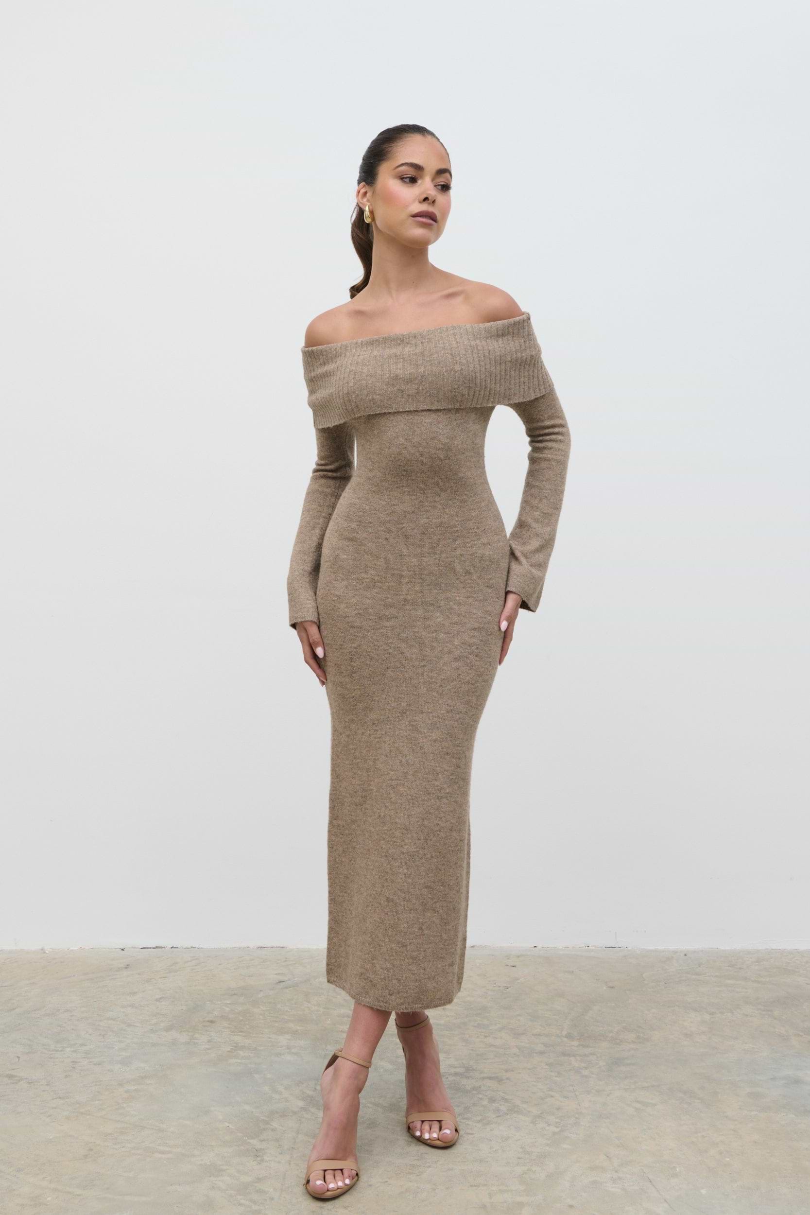 Soreya Bardot Soft Knit Dress - Brown Marl