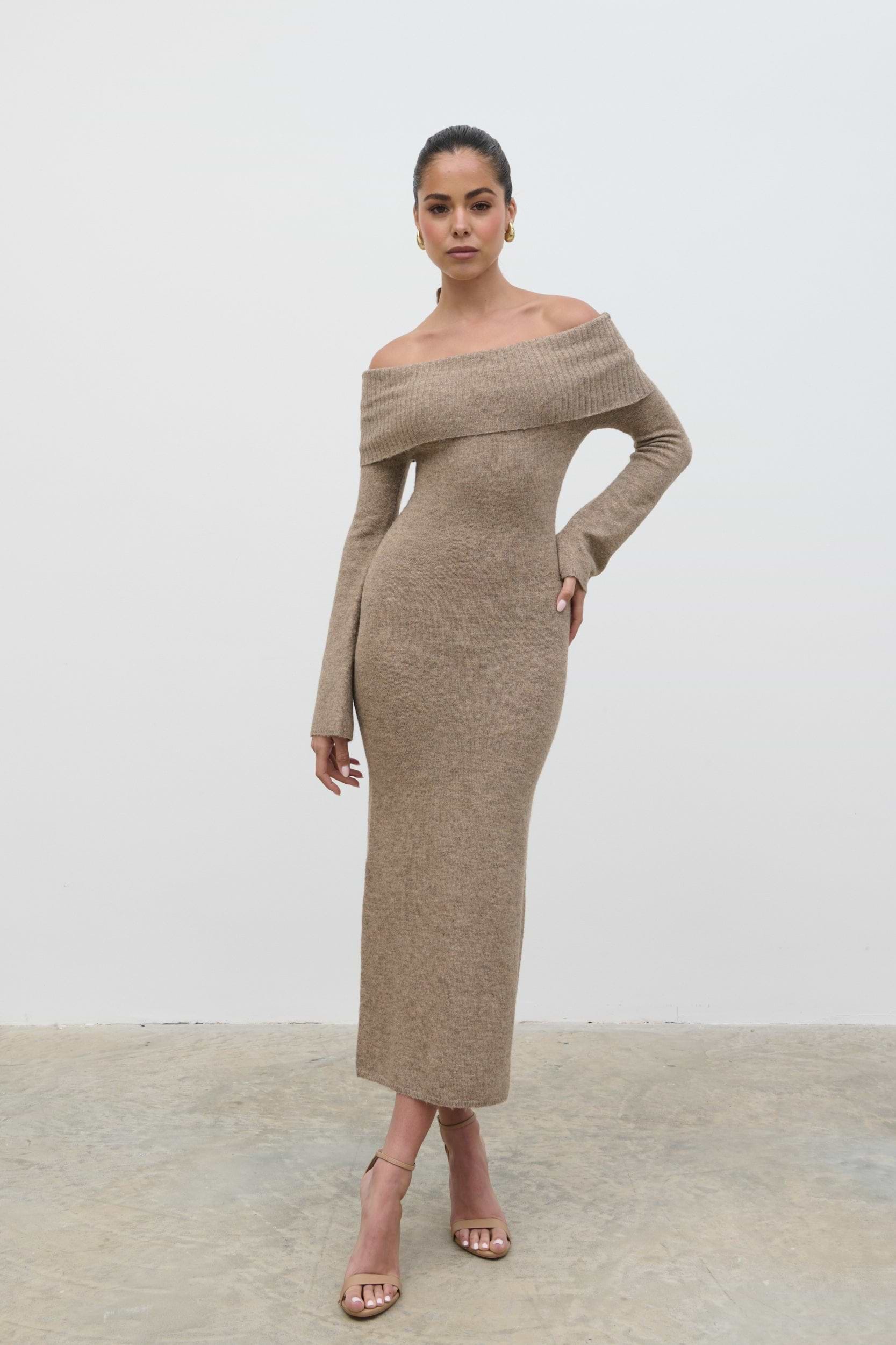 Soreya Bardot Soft Knit Dress - Brown Marl
