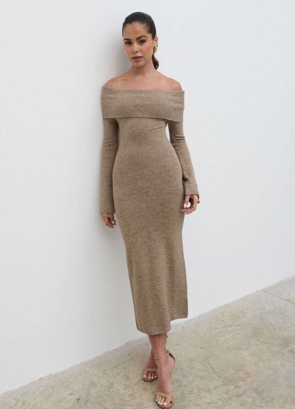 Soreya Bardot Soft Knit Dress - Brown Marl