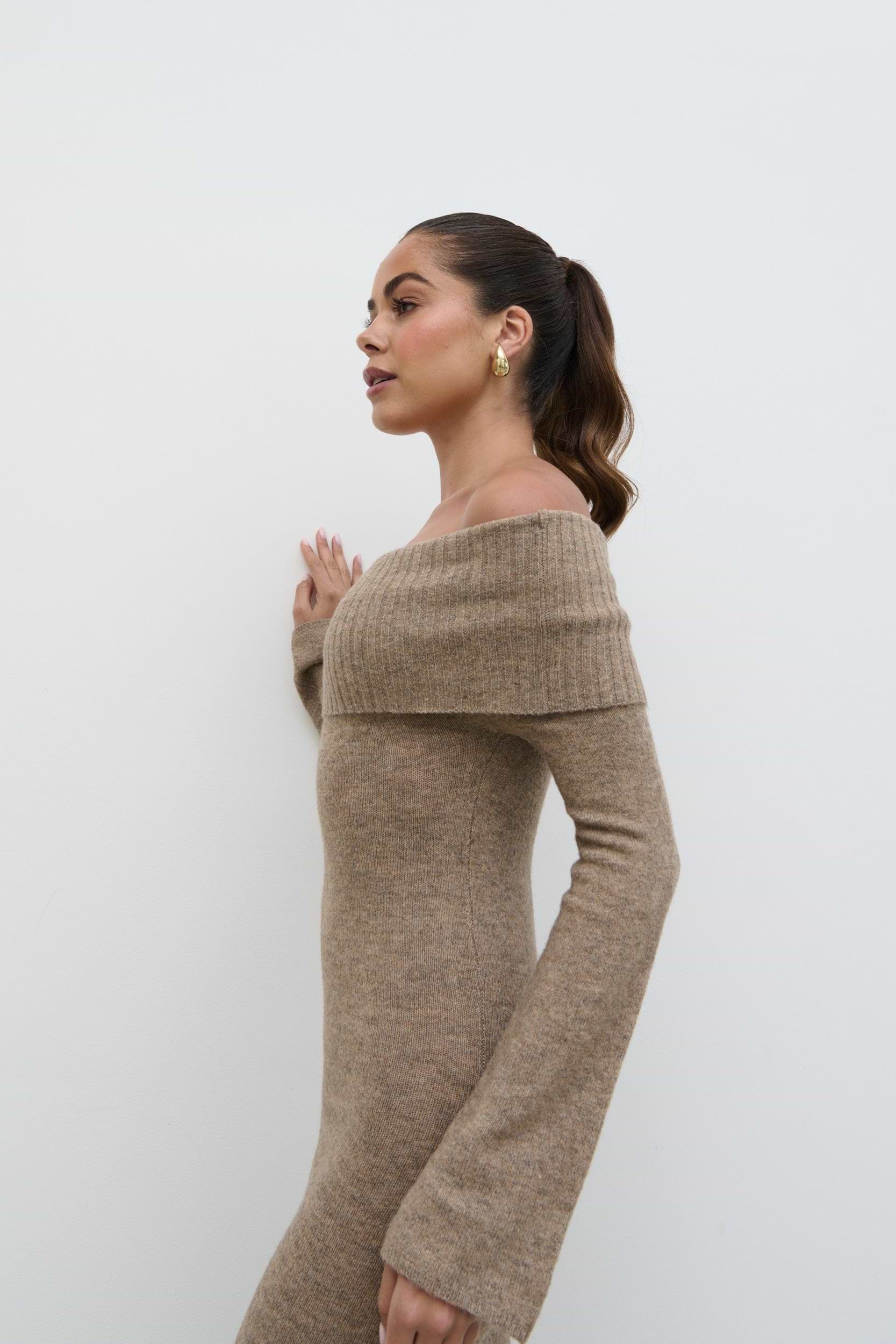 Soreya Bardot Soft Knit Dress - Brown Marl