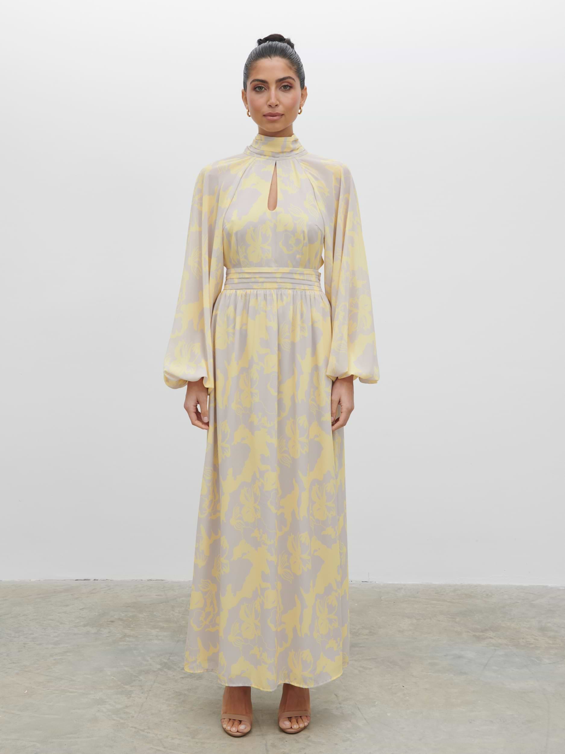 Steph Keyhole Maxi Dress - Lemon and Beige Floral