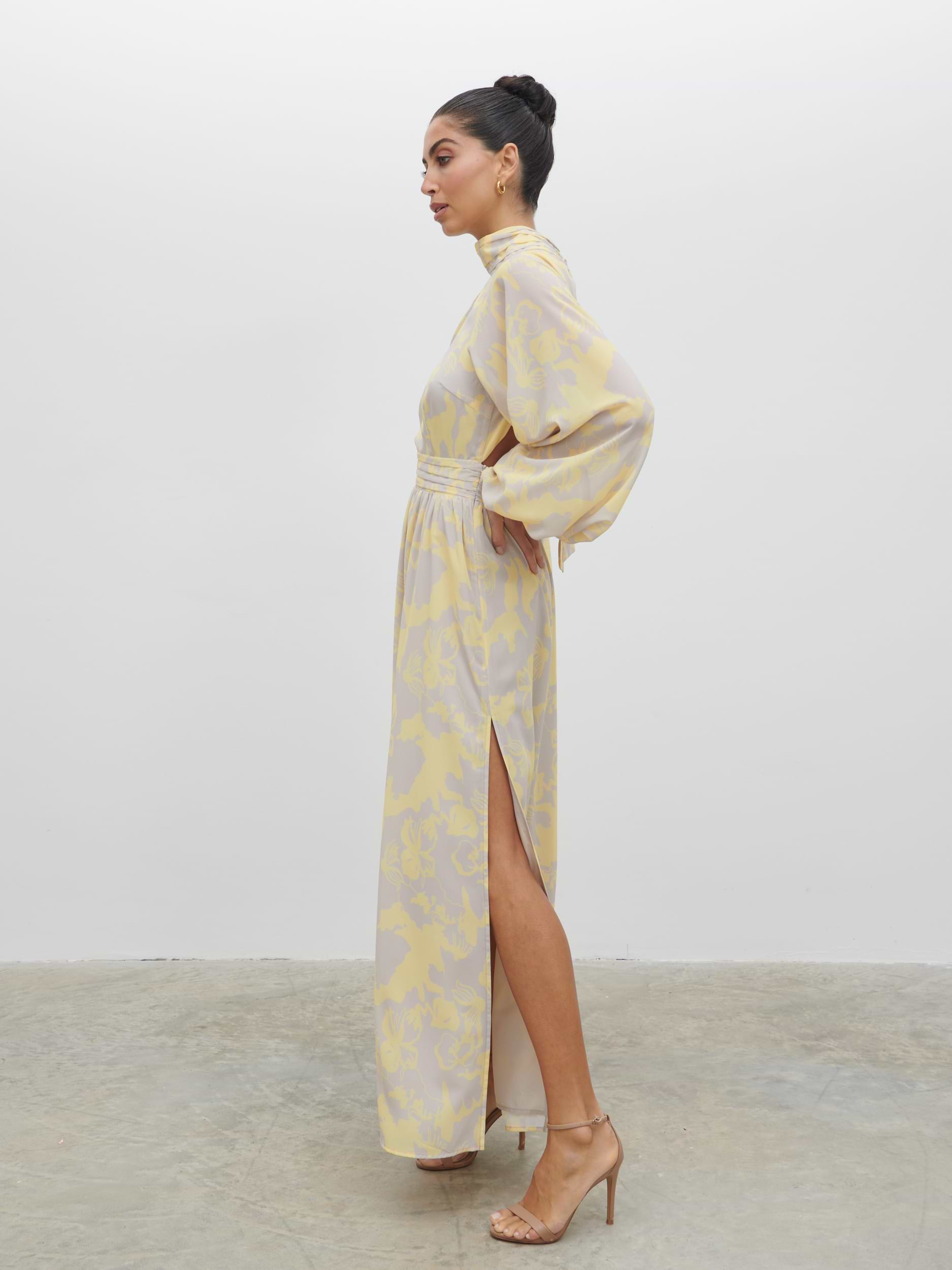 Steph Keyhole Maxi Dress - Lemon and Beige Floral