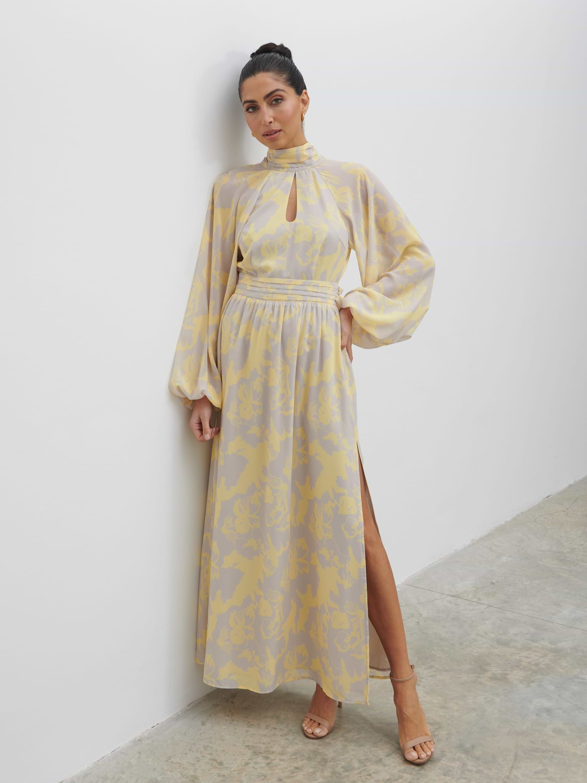 Steph Keyhole Maxi Dress - Lemon and Beige Floral