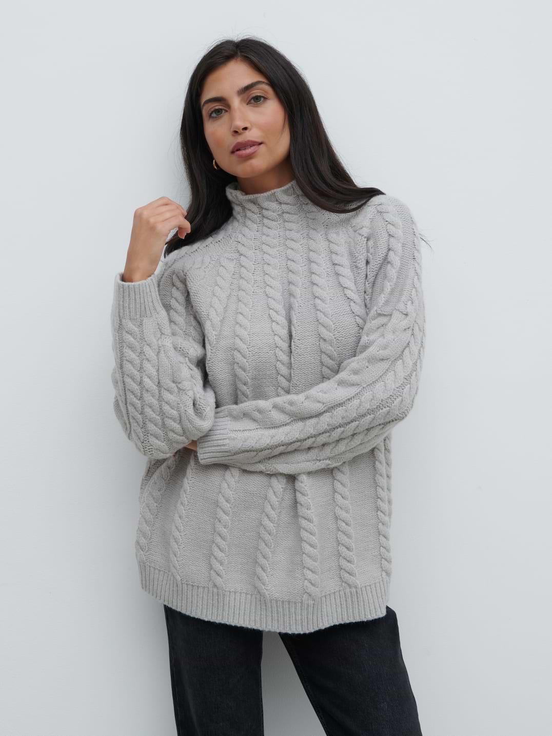 Tam Cable Knit High Neck Jumper - Grey