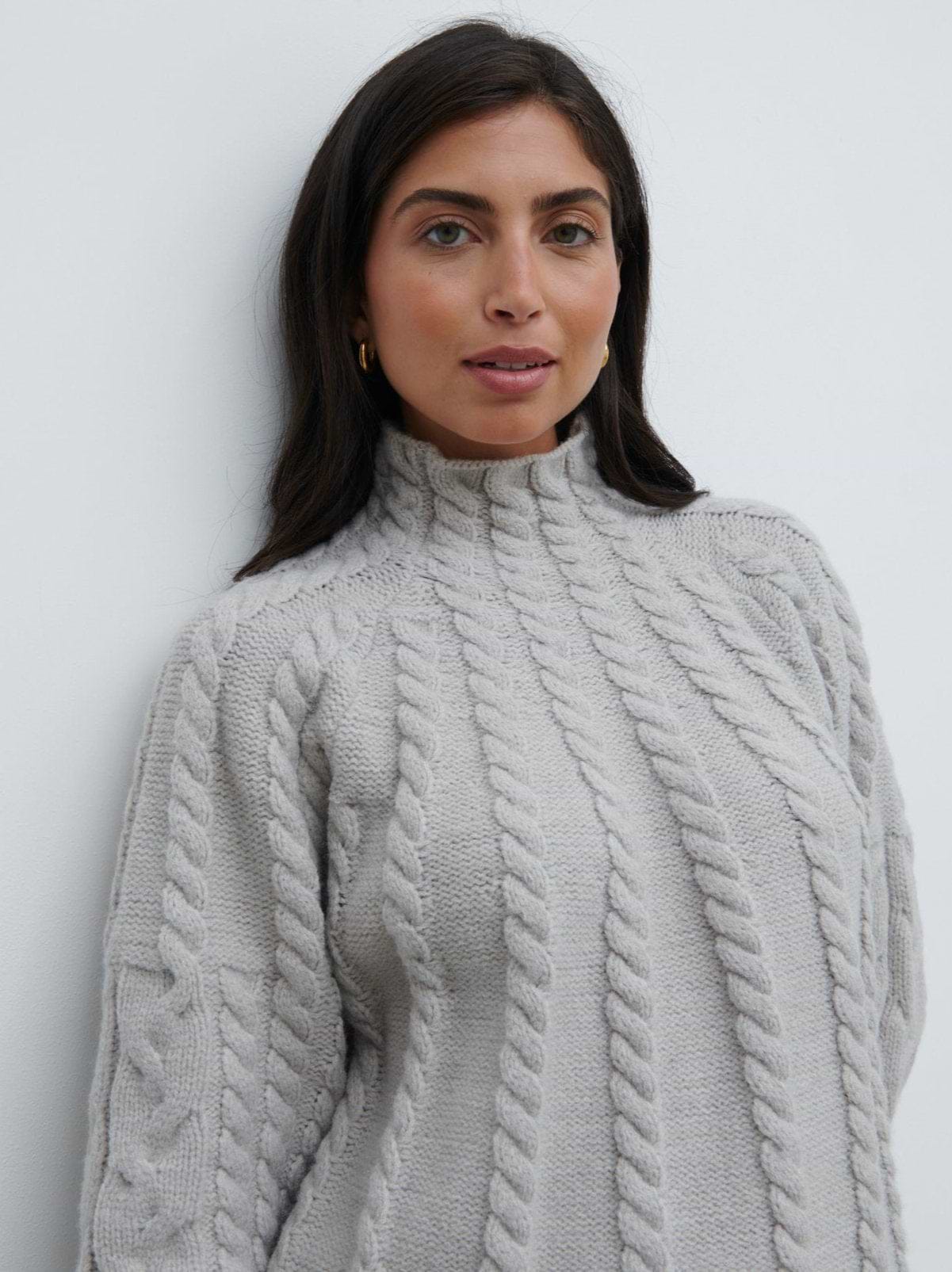 Tam Cable Knit High Neck Jumper - Grey