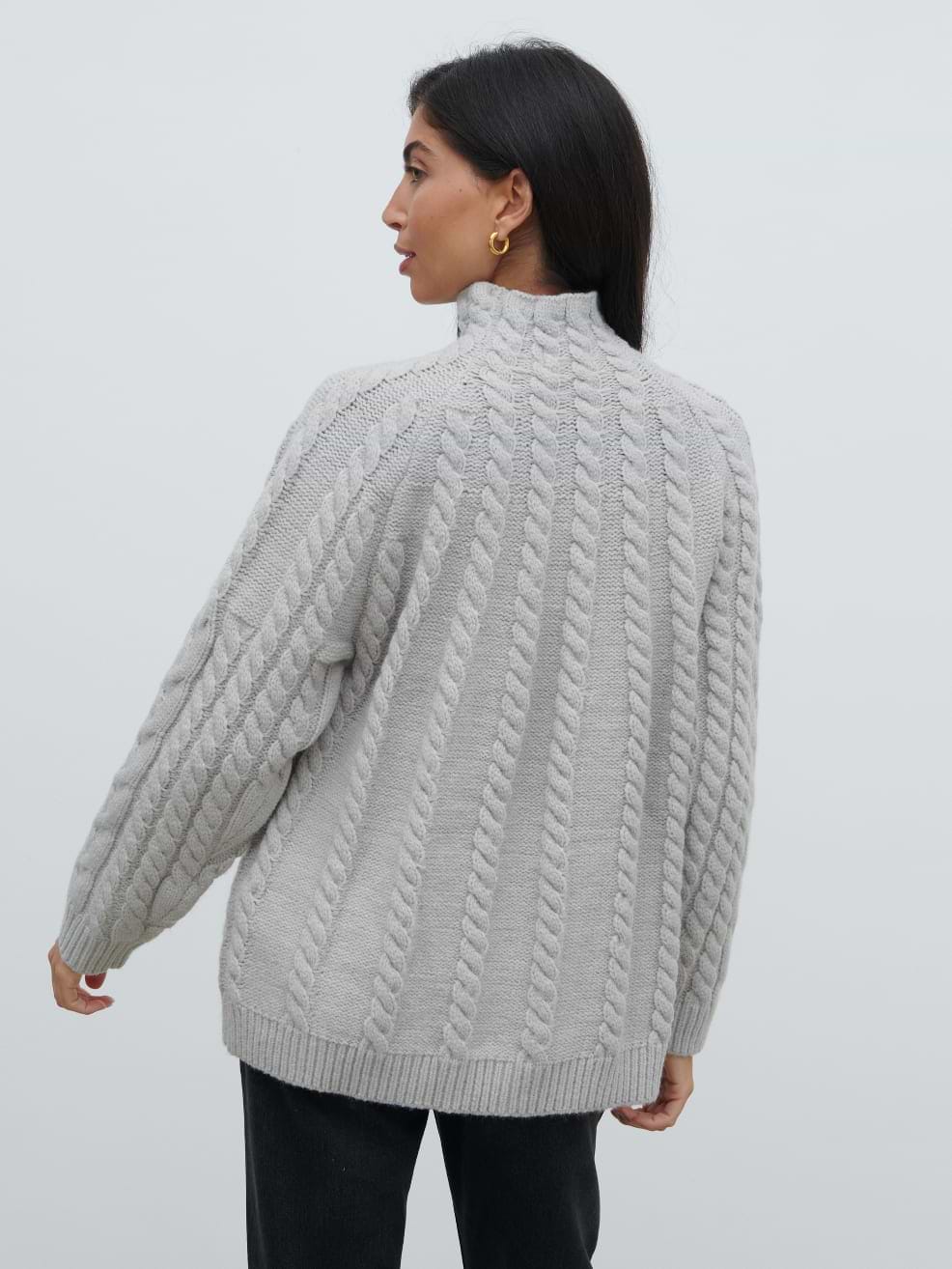 Tam Cable Knit High Neck Jumper - Grey