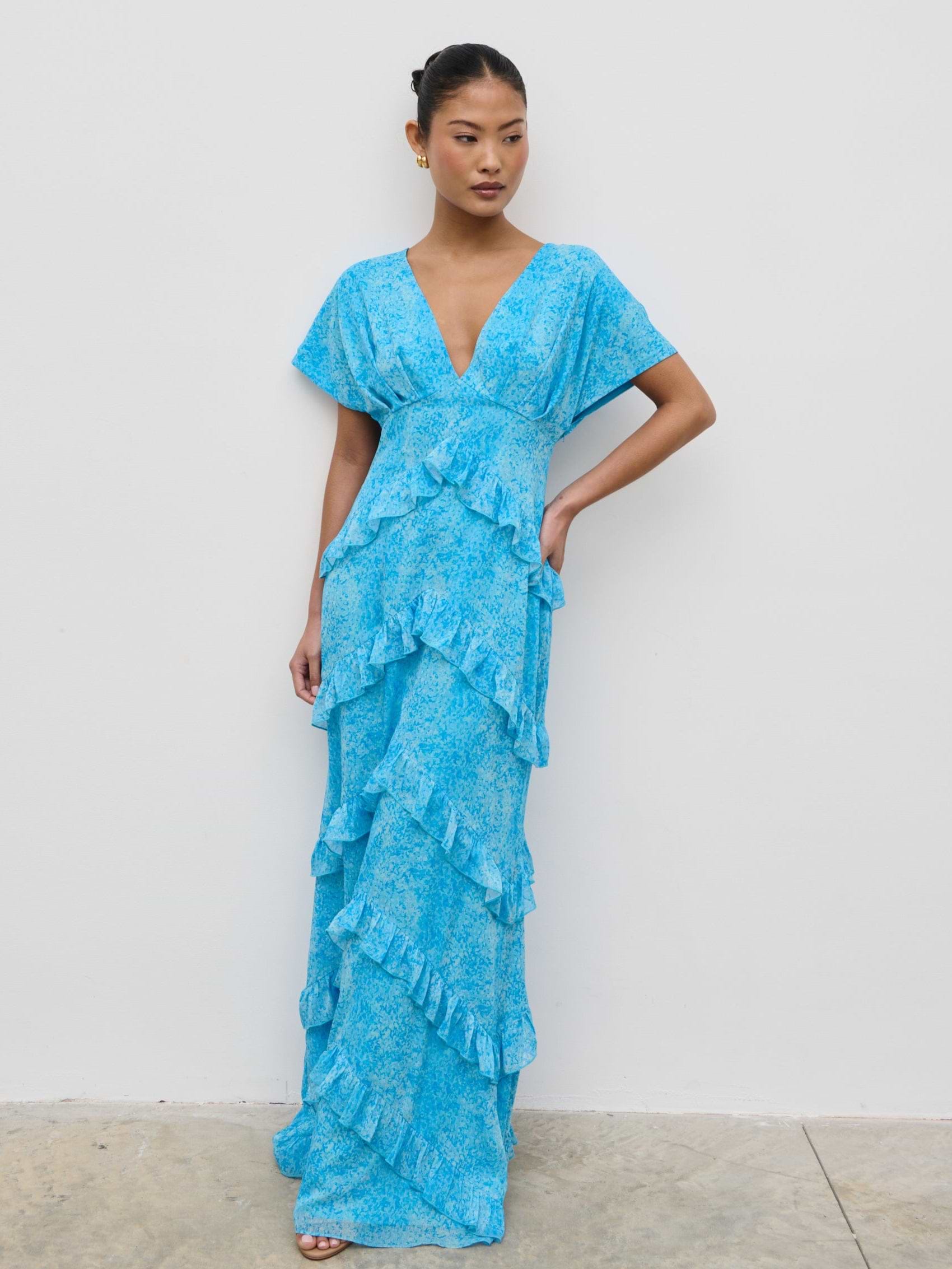 Tamsin Ruffle Chiffon Dress - Blue Multi Abstract Print