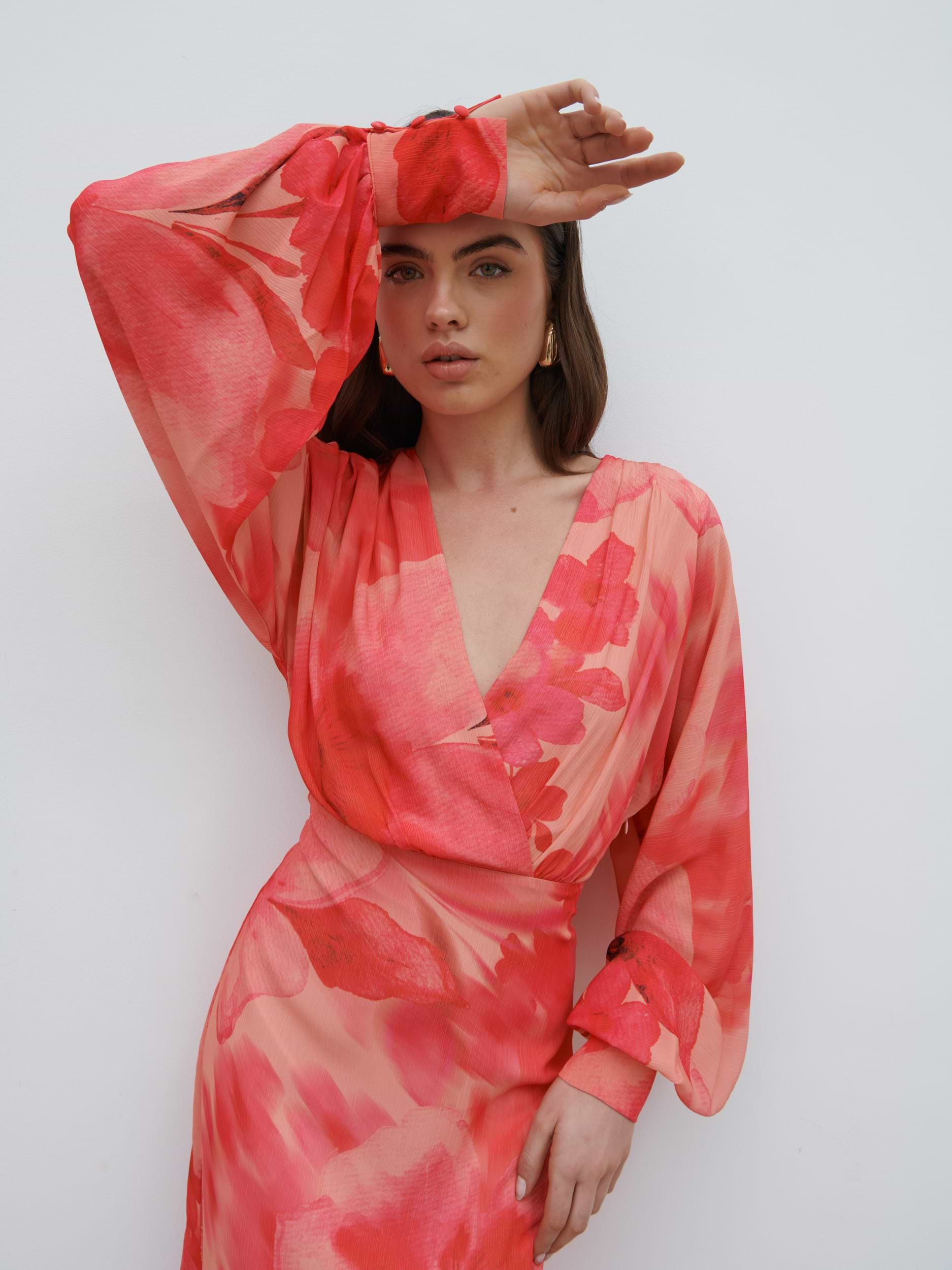 Theia Batwing Maxi Dress - Pink Large Scale Floral