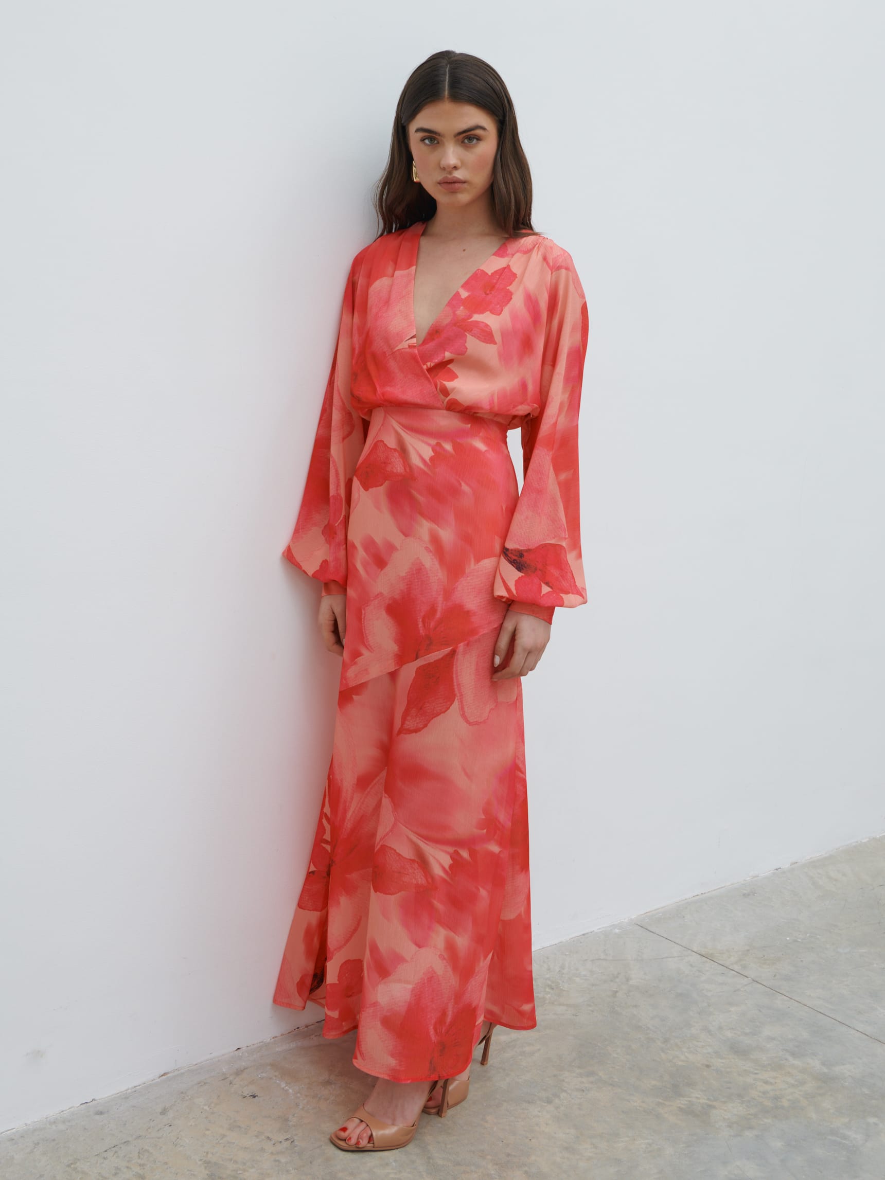 Theia Batwing Maxi Dress - Pink Large Scale Floral