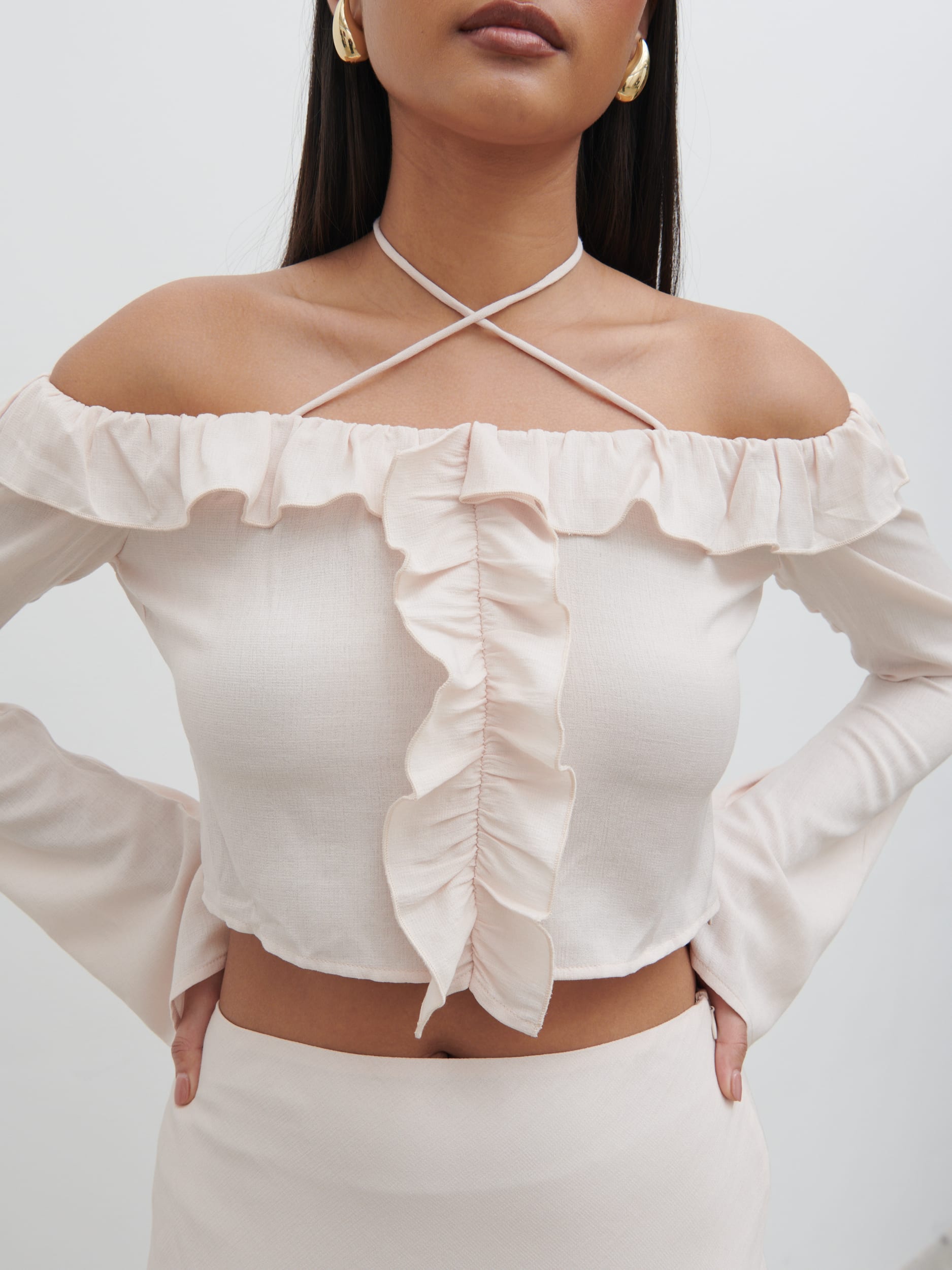 Tiffany Bardot Ruffle Top - Pale Blush