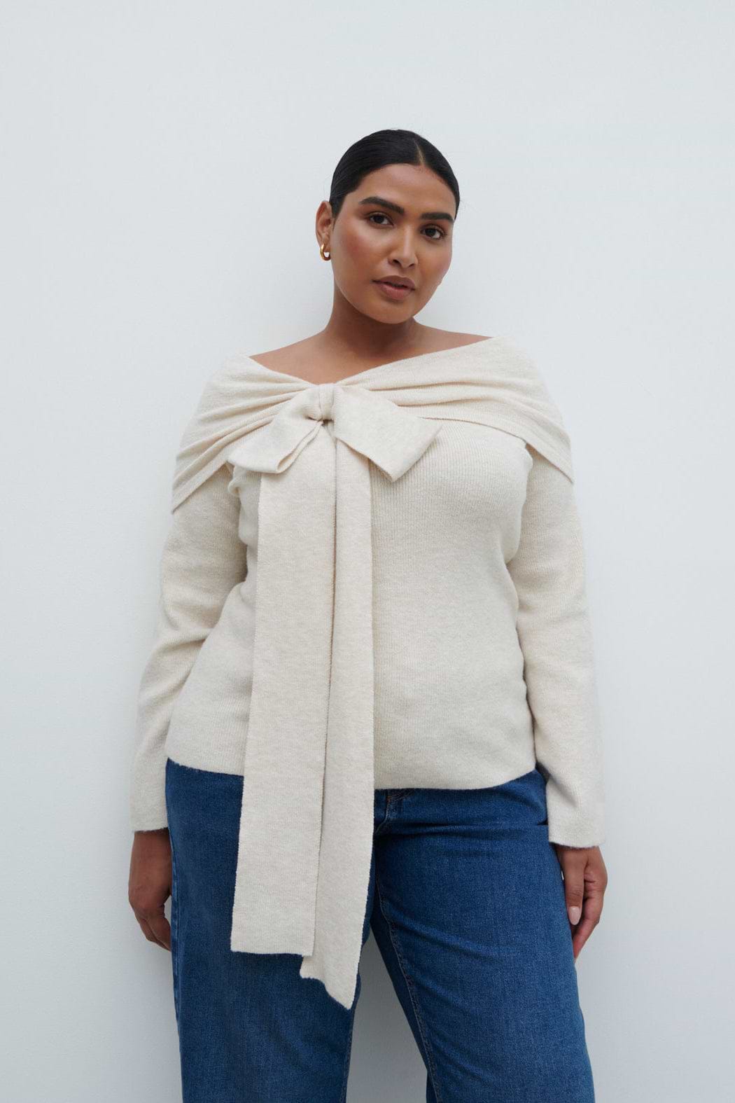Tilda Bardot Bow Knit Top Curve - Beige