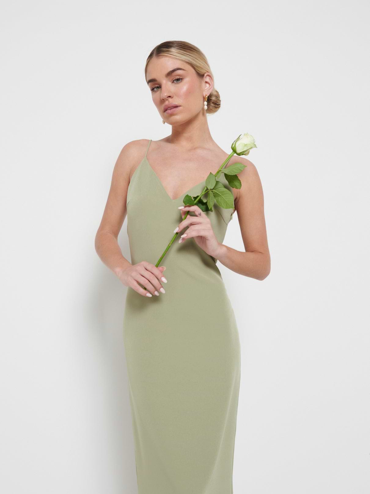 Tillie V-Neck Maxi Bridesmaid Dress - Olive