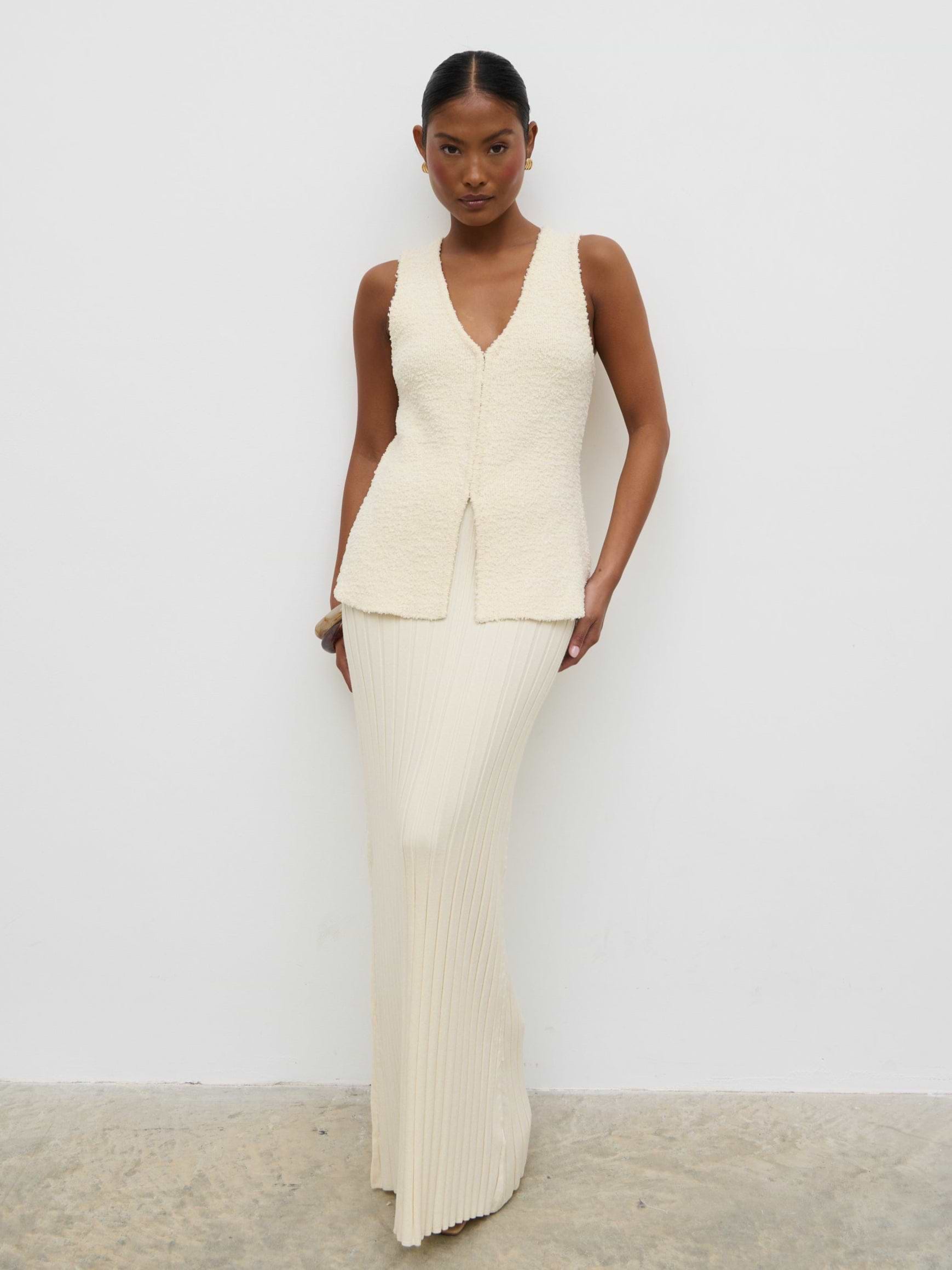 Alma Pleated Knit Maxi Skirt - Cream