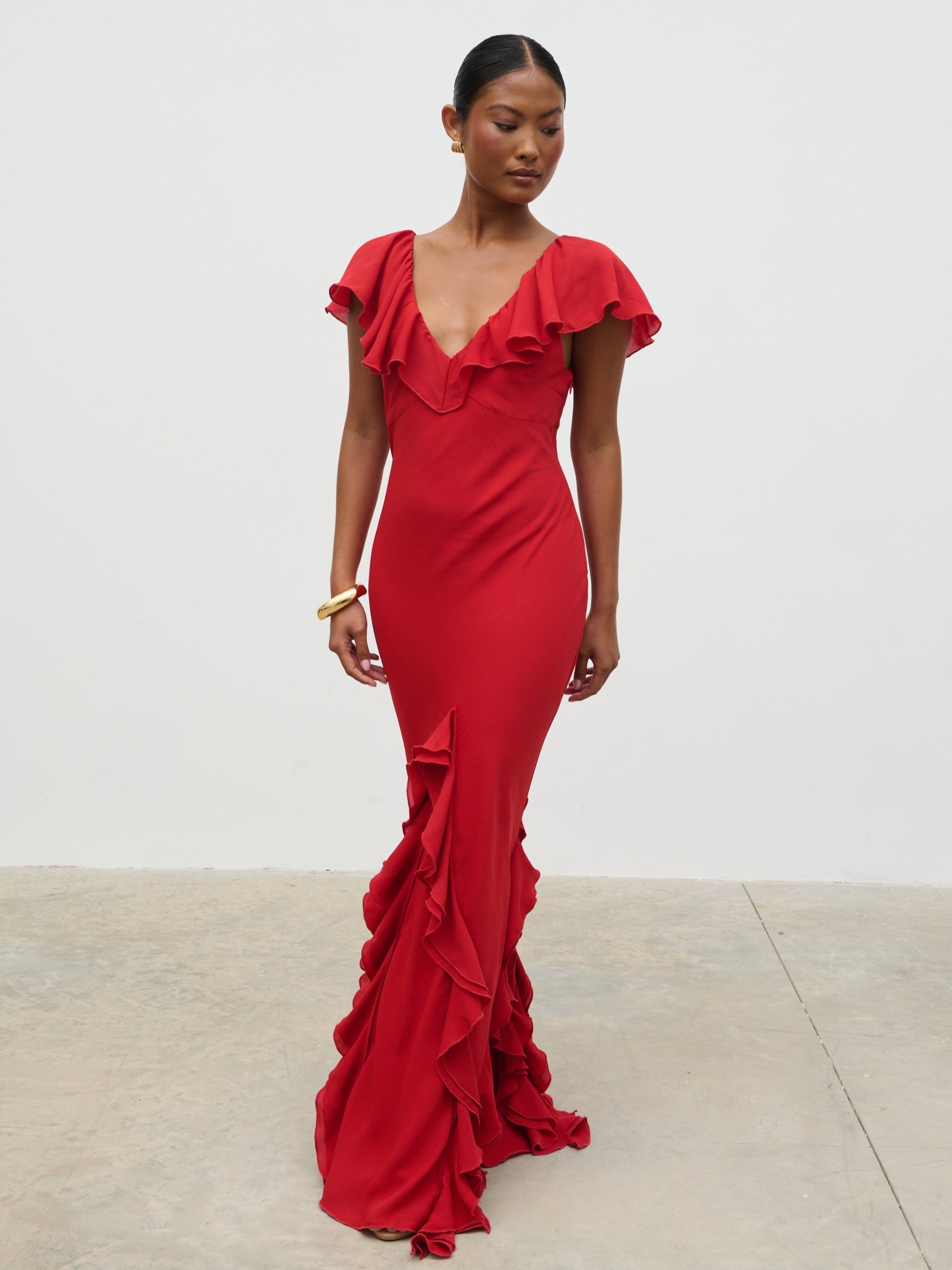 Uma Cap Sleeve Ruffle Maxi Dress - Red