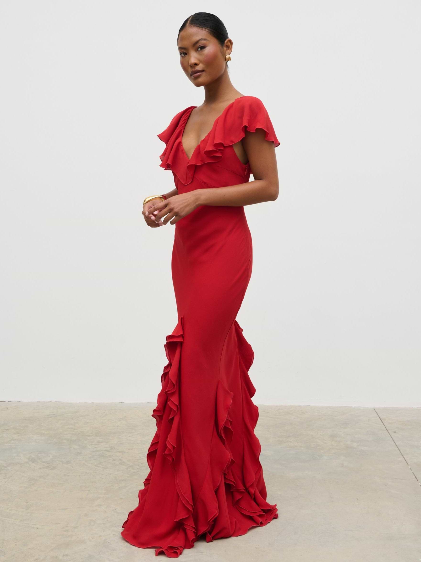 Uma Cap Sleeve Ruffle Maxi Dress - Red