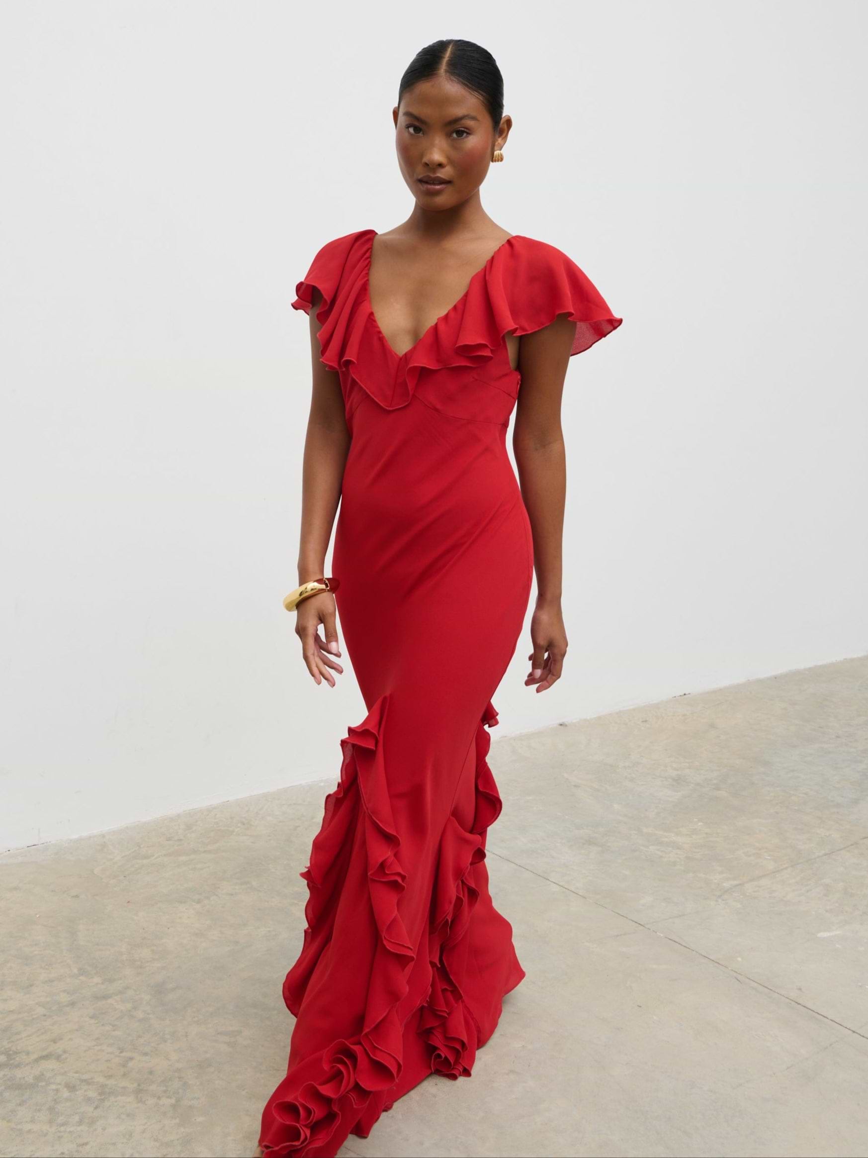 Uma Cap Sleeve Ruffle Maxi Dress - Red