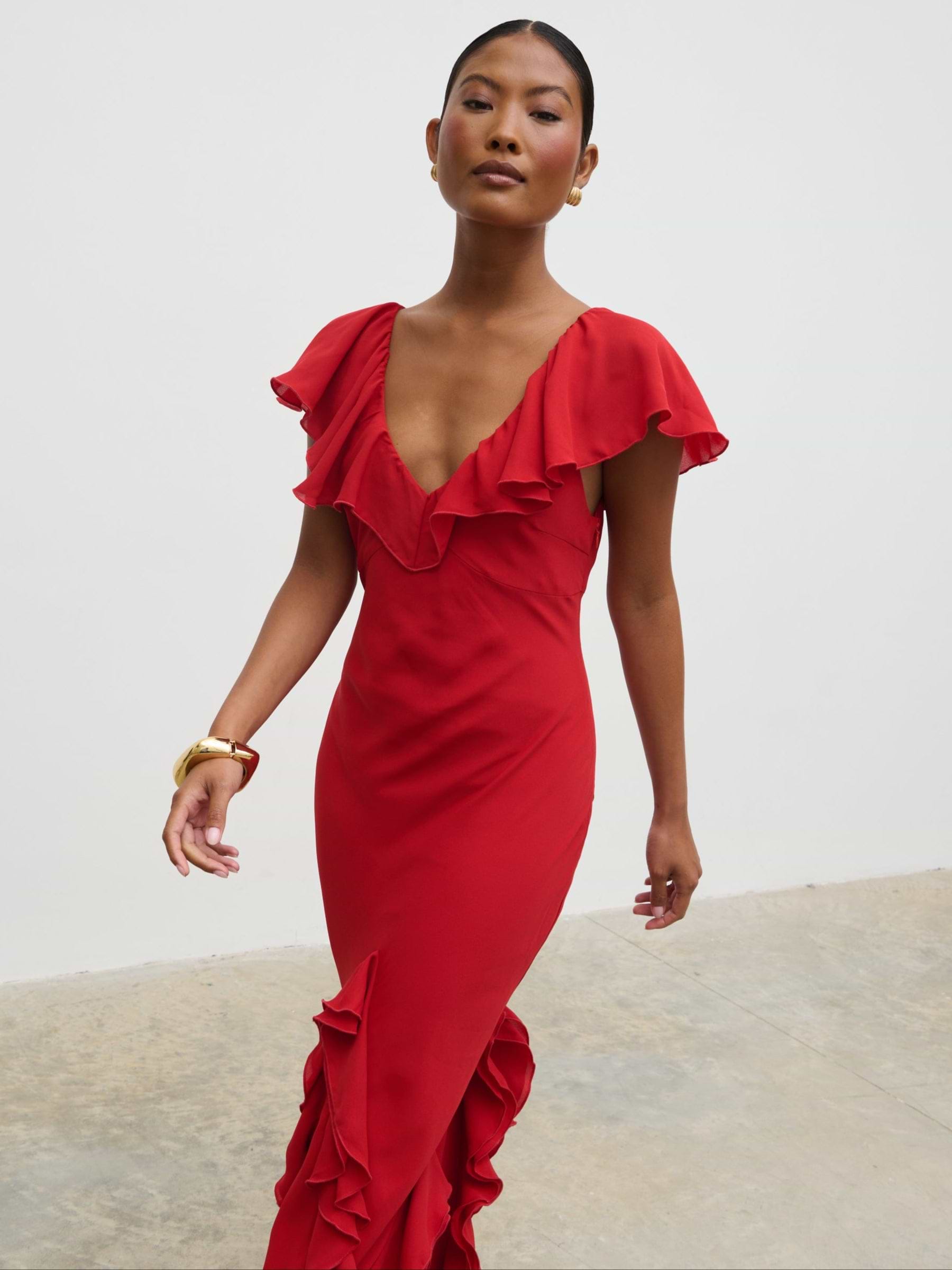 Uma Cap Sleeve Ruffle Maxi Dress - Red