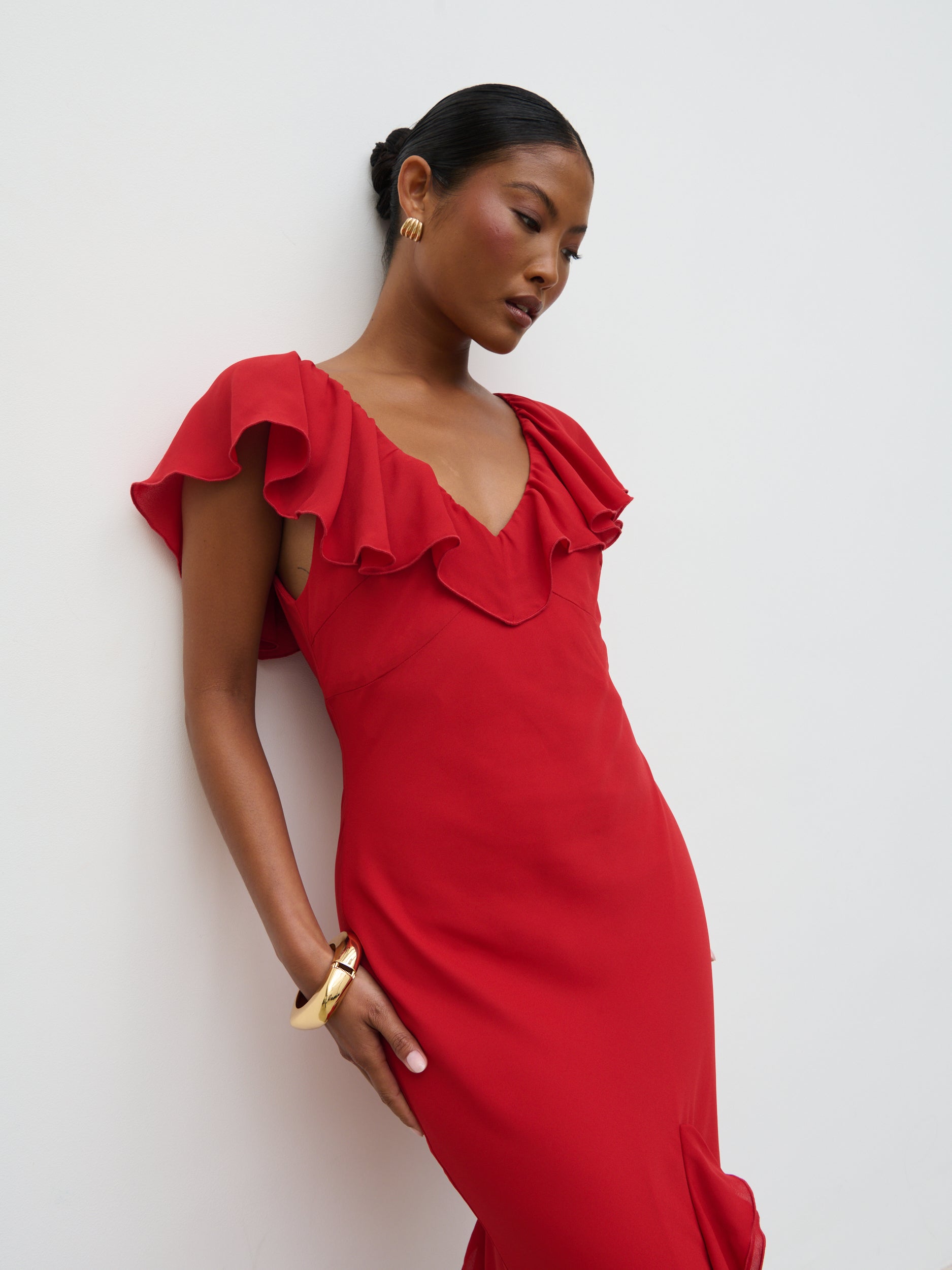 Uma Cap Sleeve Ruffle Maxi Dress - Red