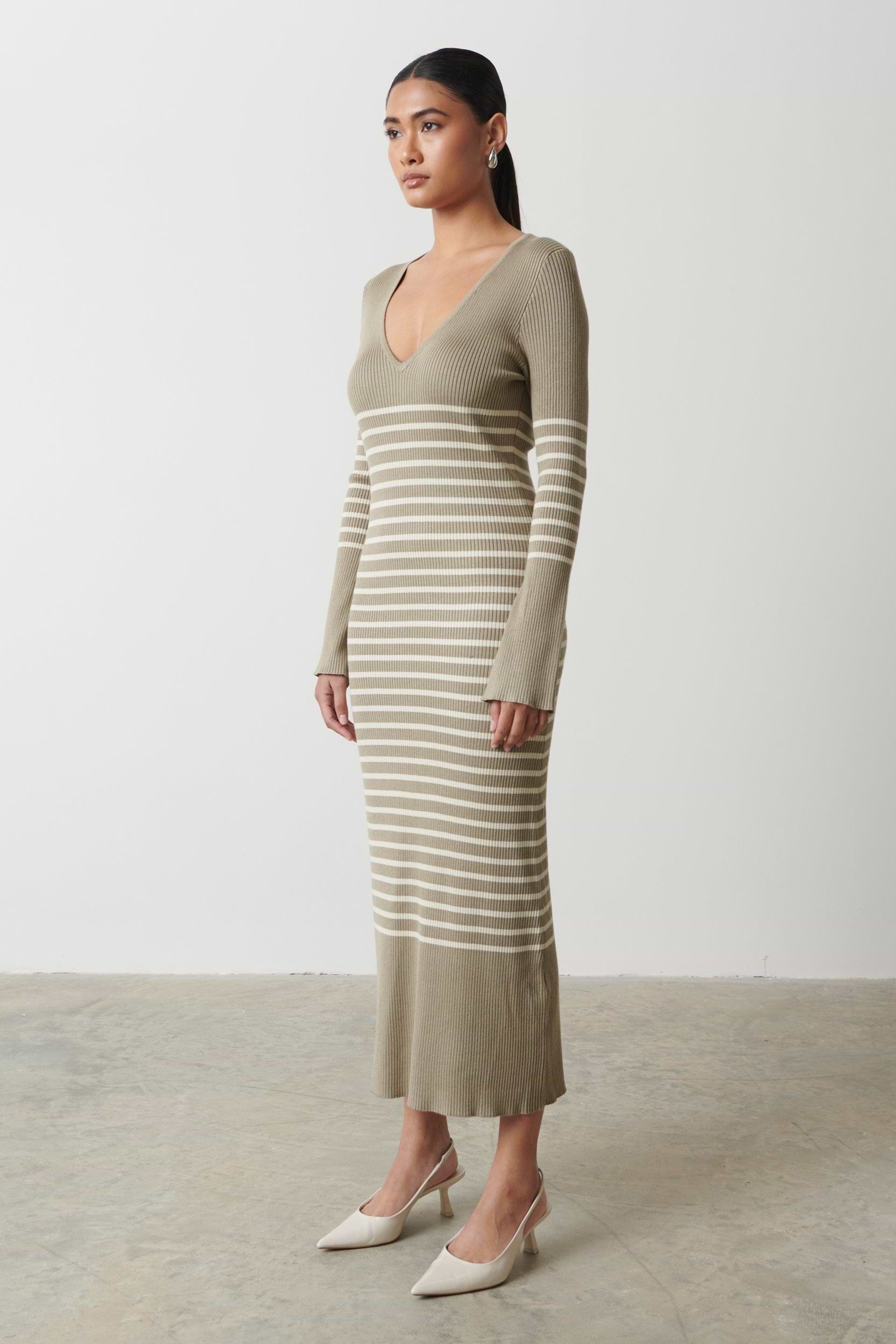 Vanessa Striped Knit Dress - Taupe and Cream Stripe