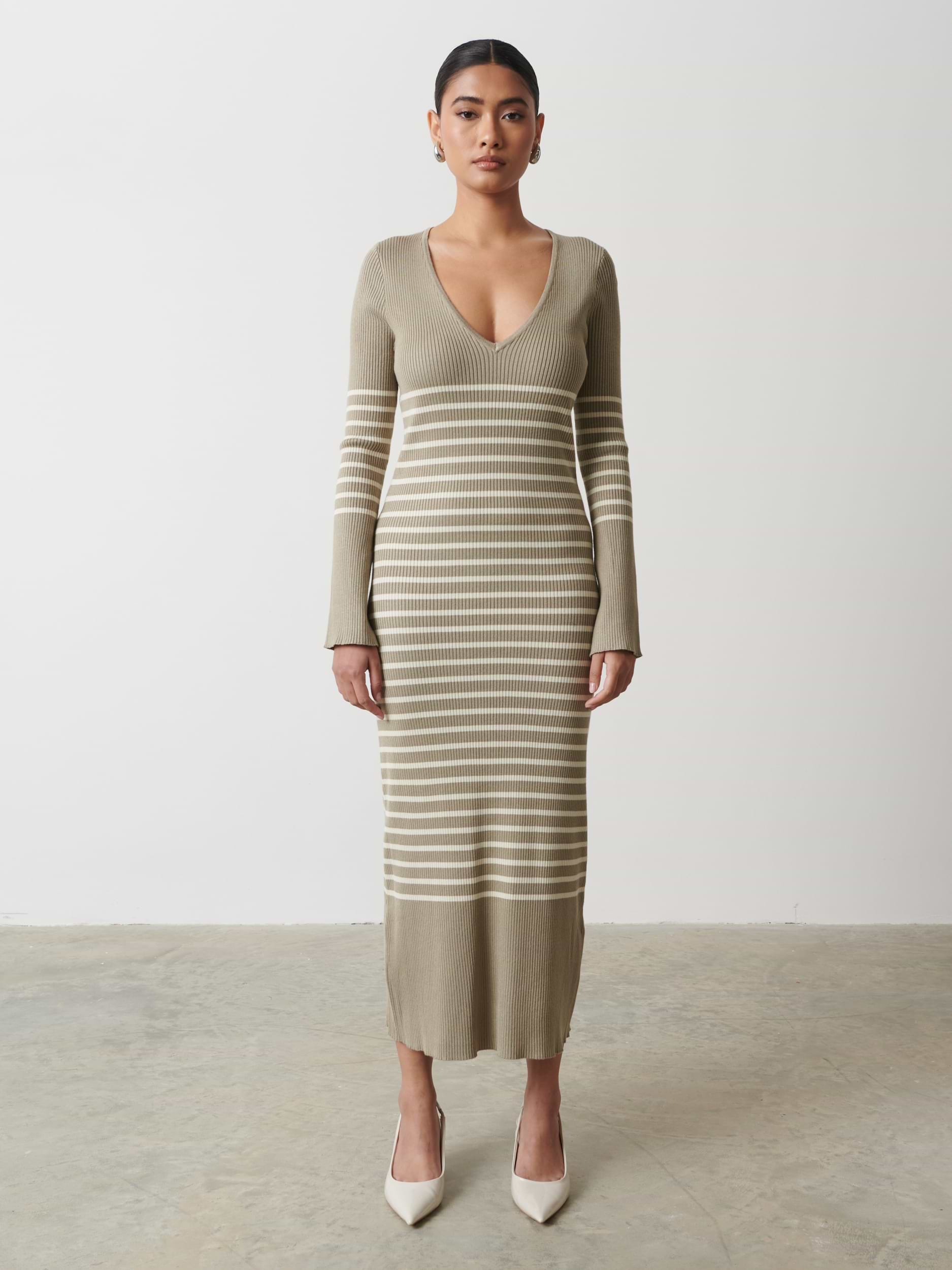 Vanessa Striped Knit Dress - Taupe and Cream Stripe
