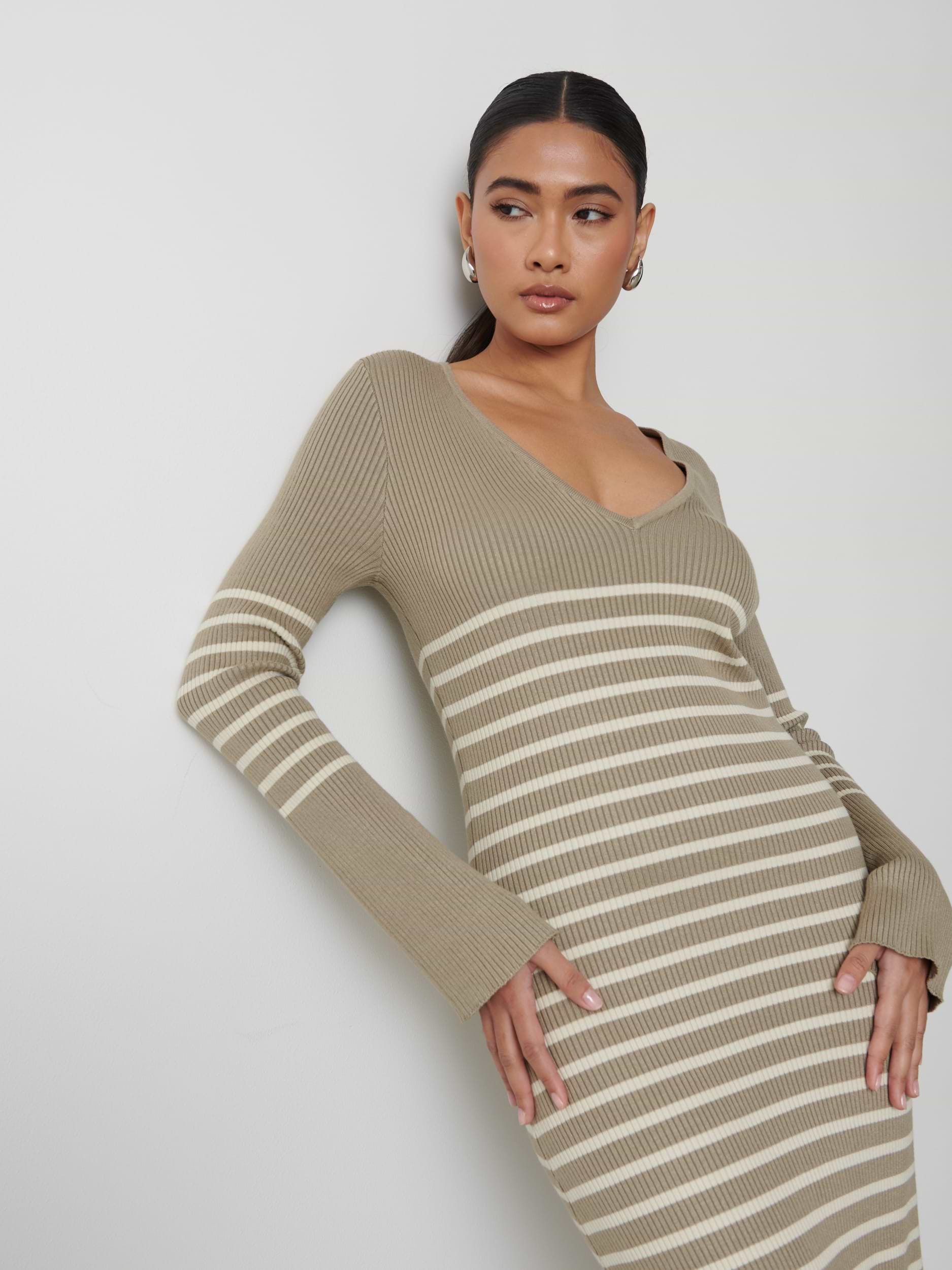 Vanessa Striped Knit Dress - Taupe and Cream Stripe