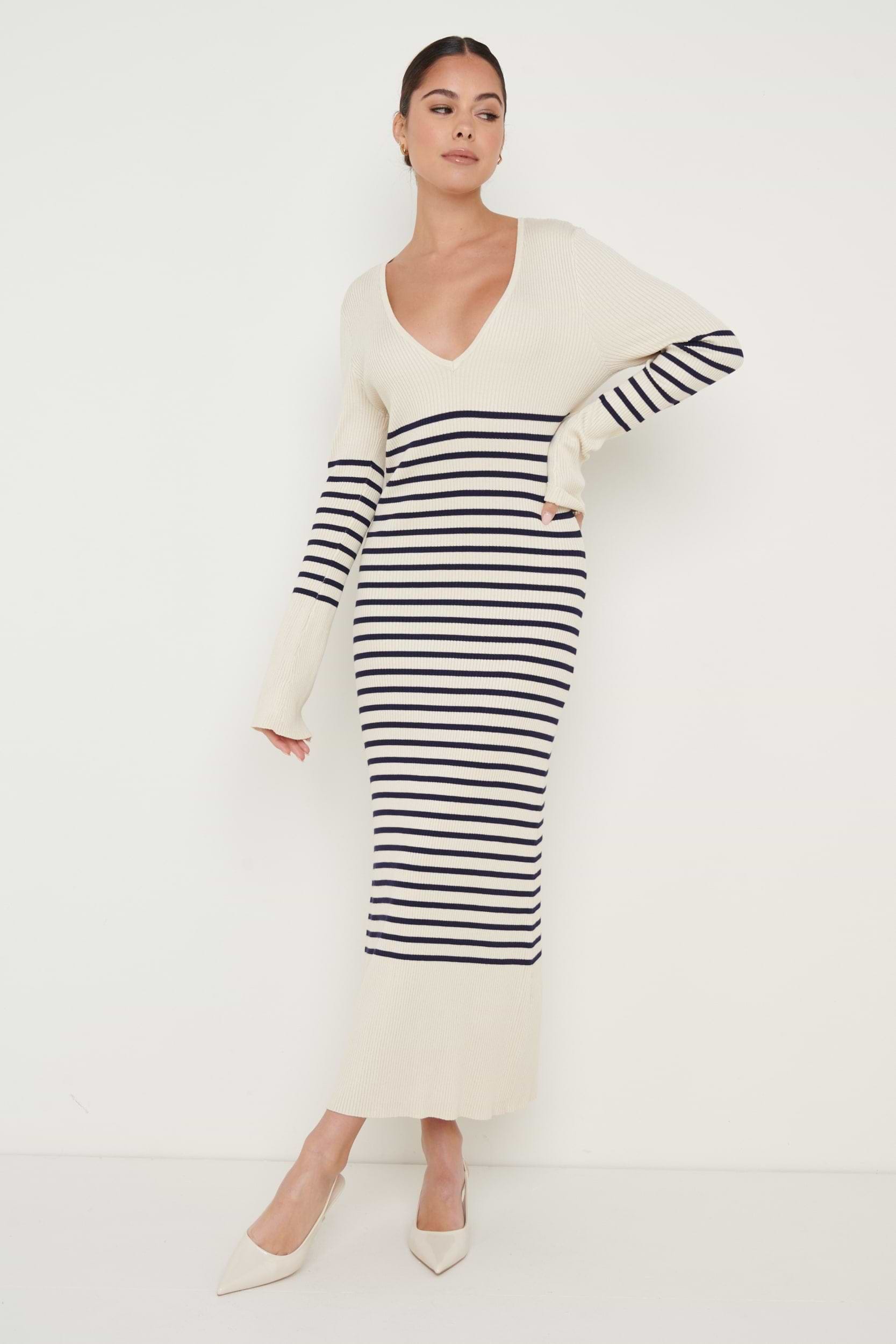 Vanessa Striped Knit Dress - Cream and Blue