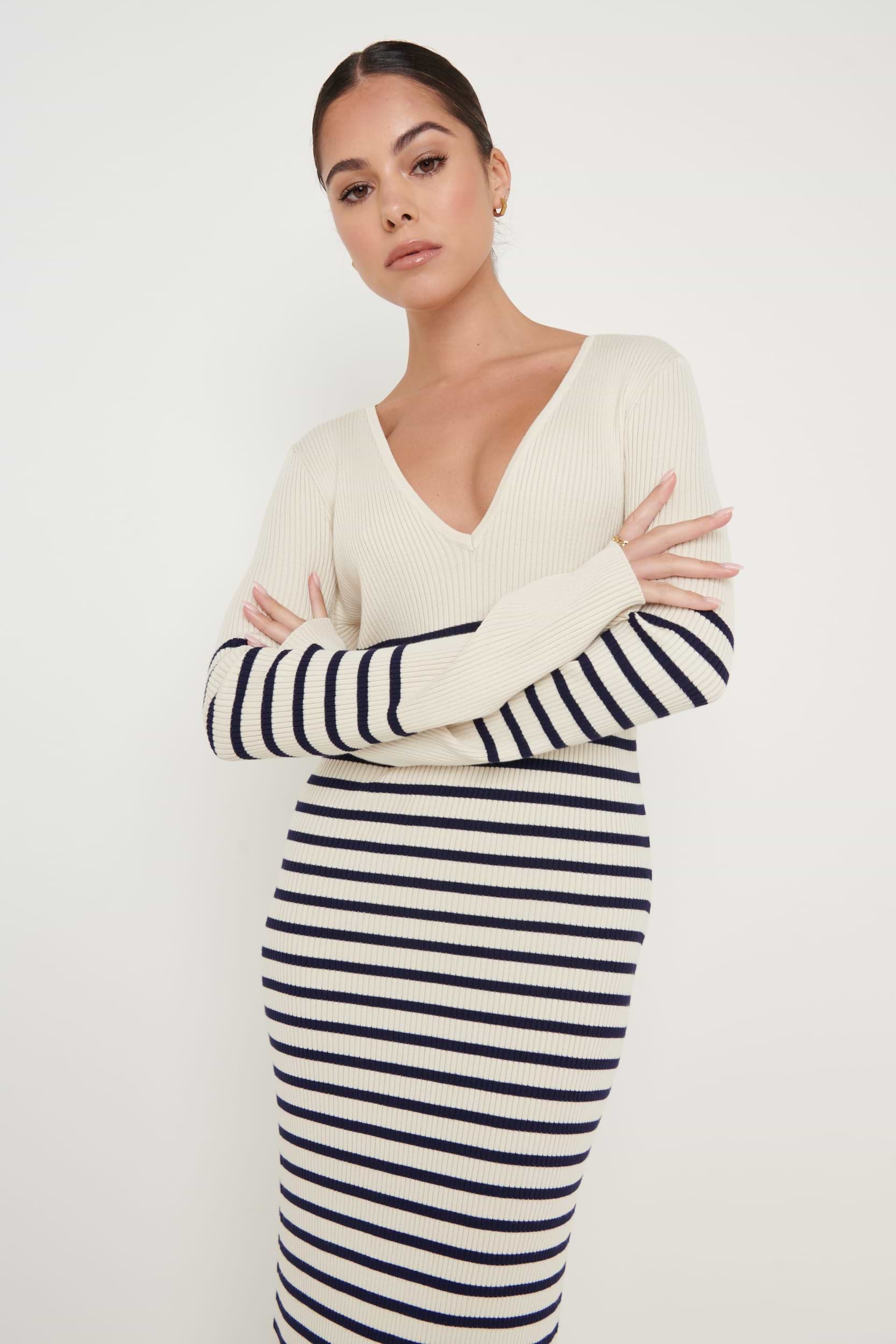 Vanessa Striped Knit Dress - Cream and Blue