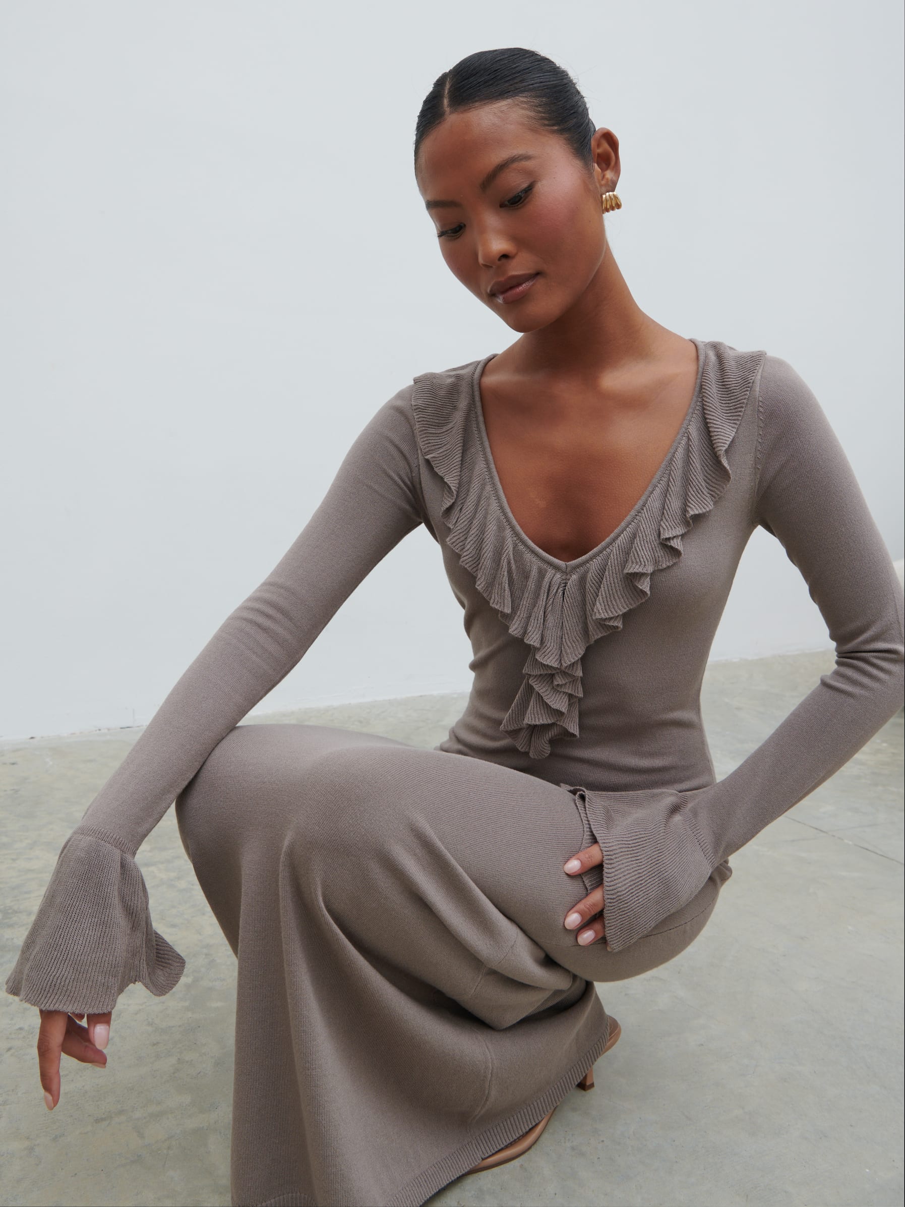 Vera Ruffle Front Knit Midaxi Dress - Stone