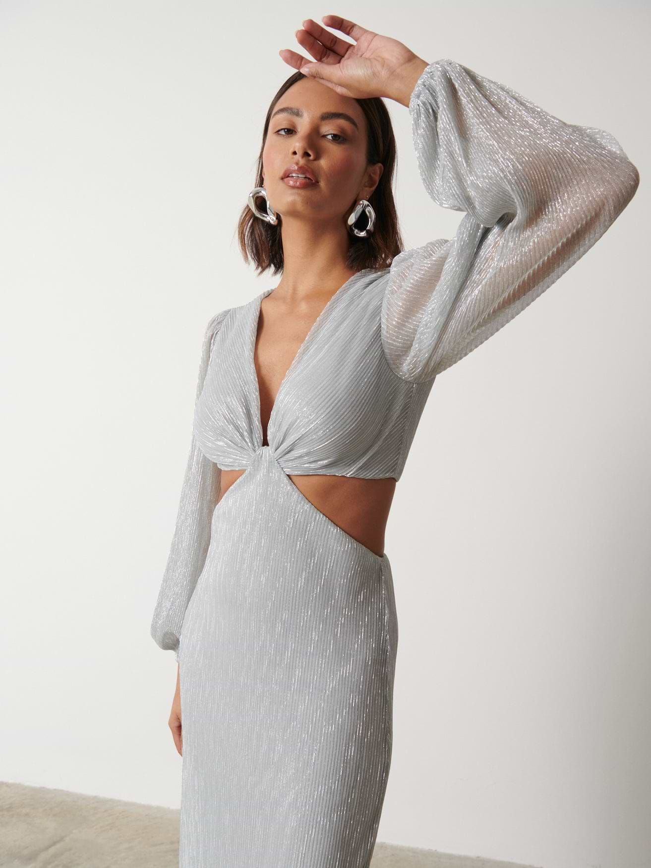 Zaya Plisse Metallic Maxi Dress - Silver