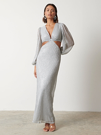 Zaya Plisse Metallic Maxi Dress - Silver