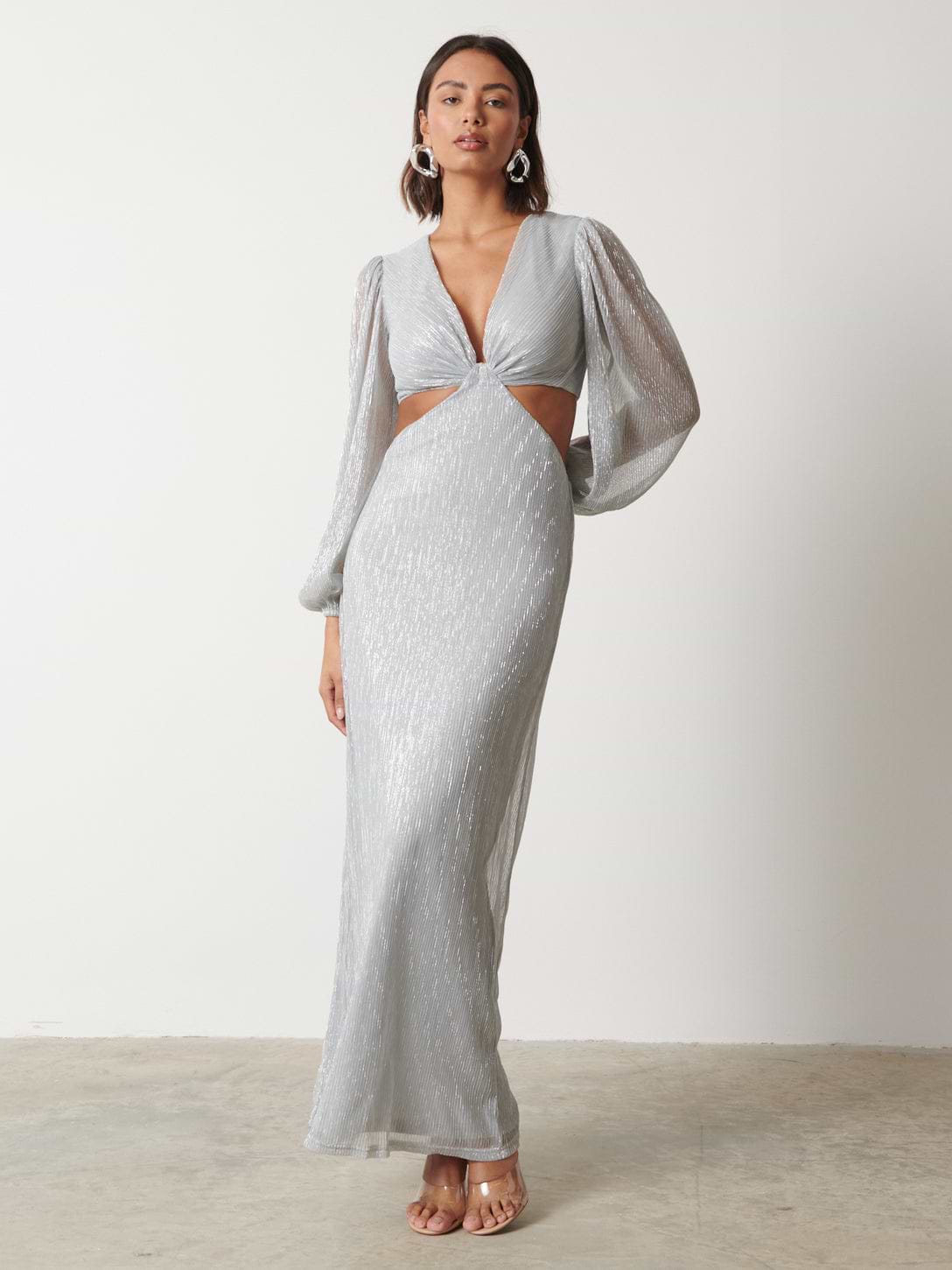 Zaya Plisse Metallic Maxi Dress - Silver