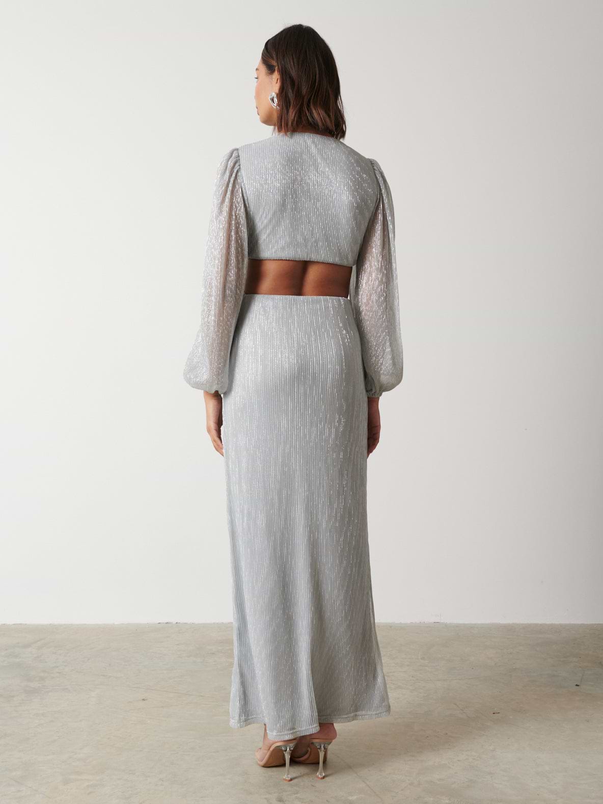 Zaya Plisse Metallic Maxi Dress - Silver