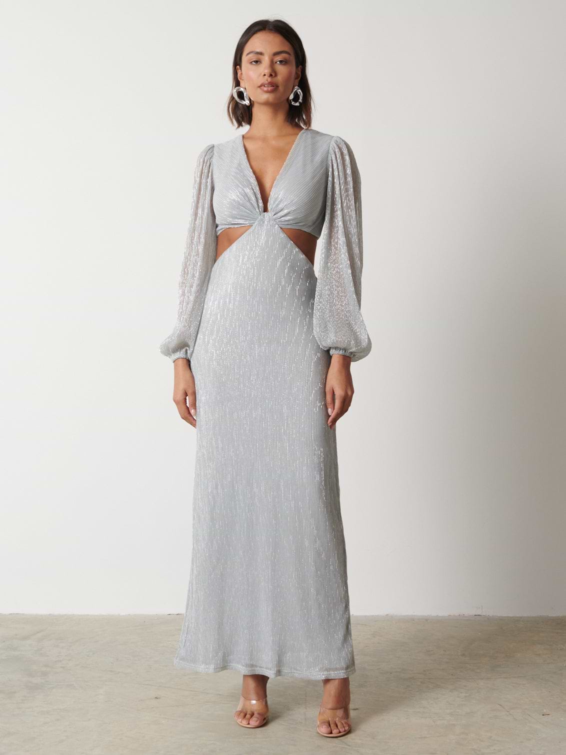 Zaya Plisse Metallic Maxi Dress - Silver