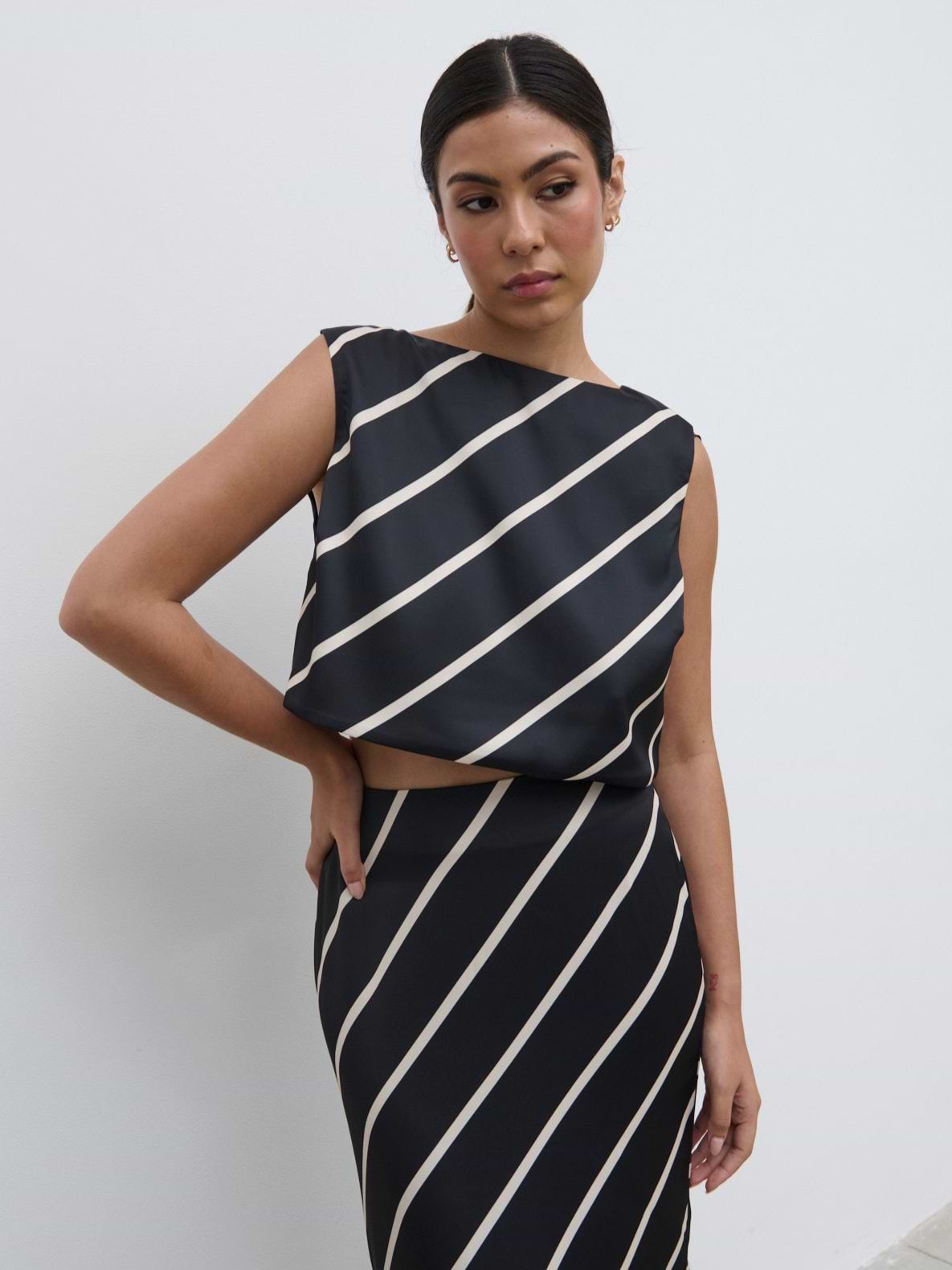 Zuri Tied Striped Top - Black and Cream Asymmetric Stripe