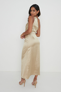 Amelia One Shoulder Ruched Satin Dress - Gold