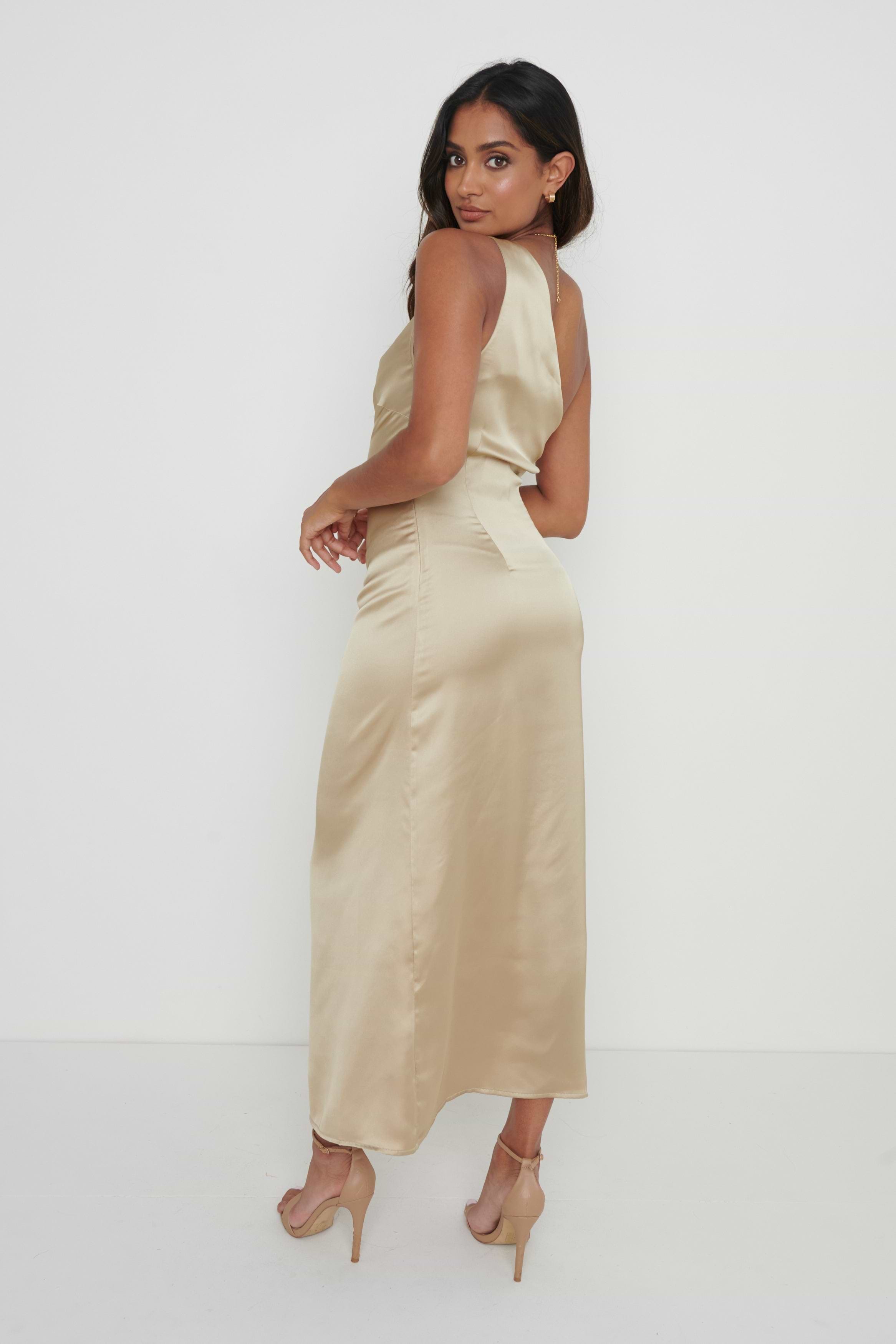 Amelia One Shoulder Ruched Satin Dress - Gold