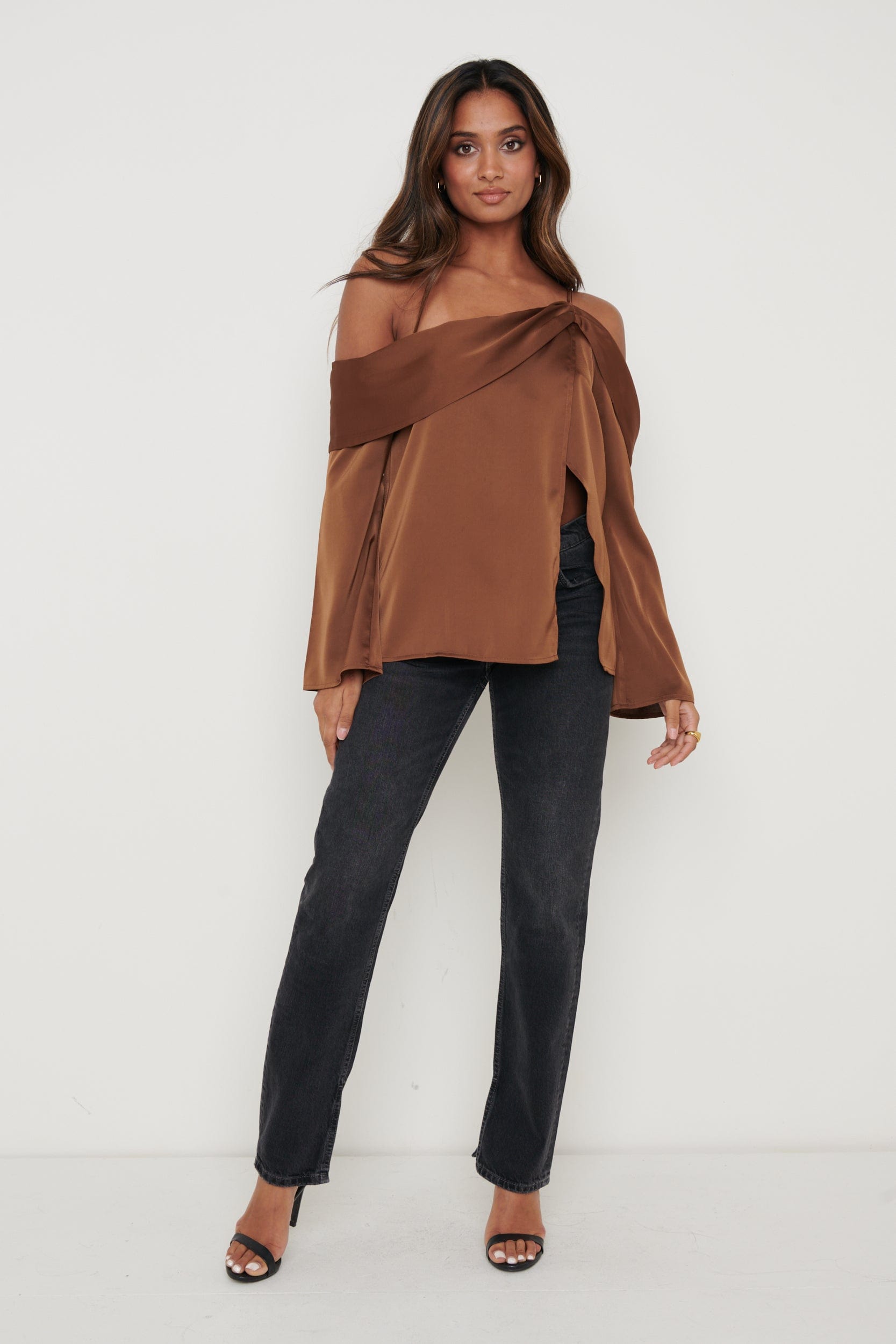 Estelle One Shoulder Drape Blouse - Brown