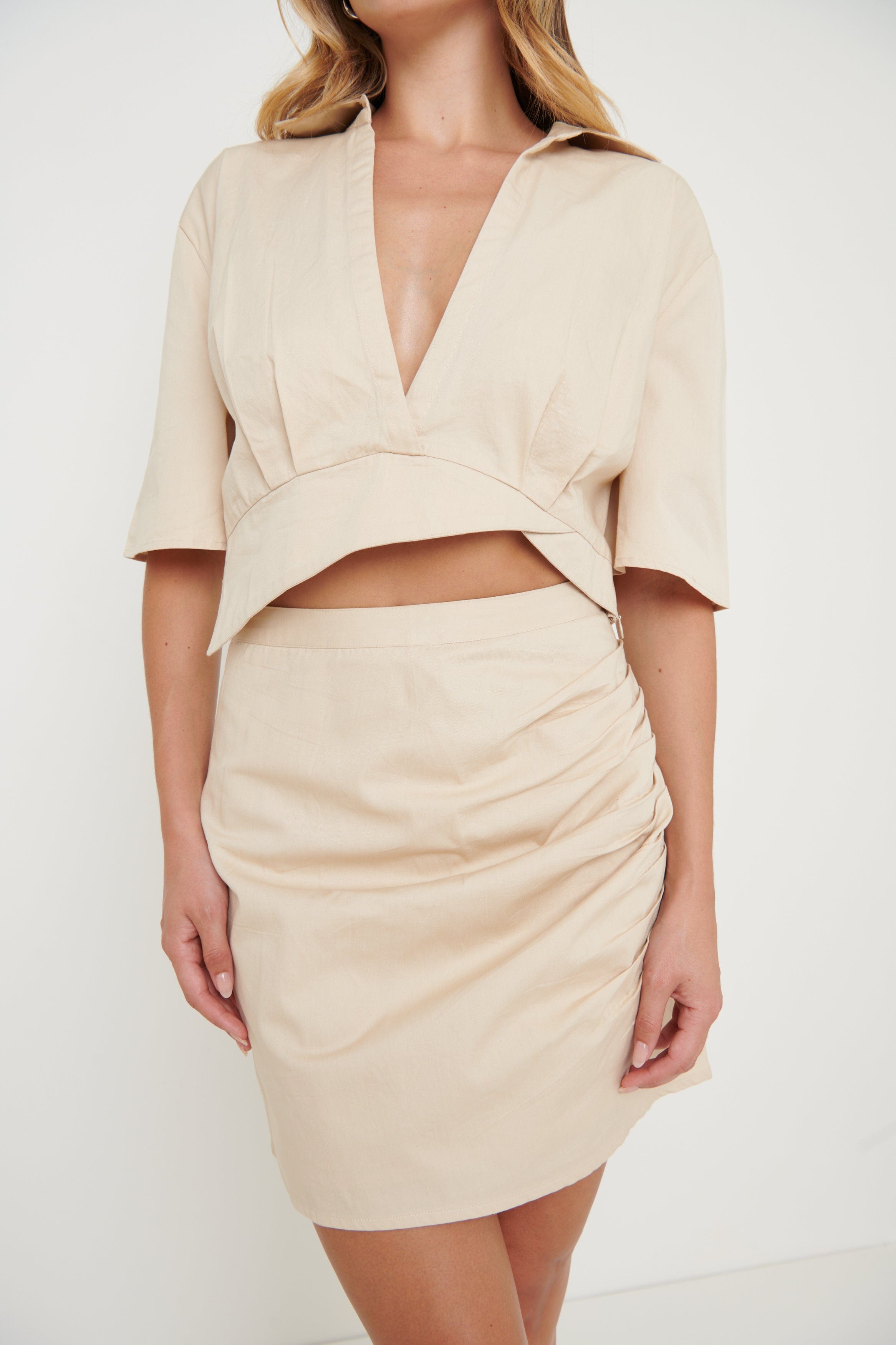Flynn Ruched Mini Skirt - Beige