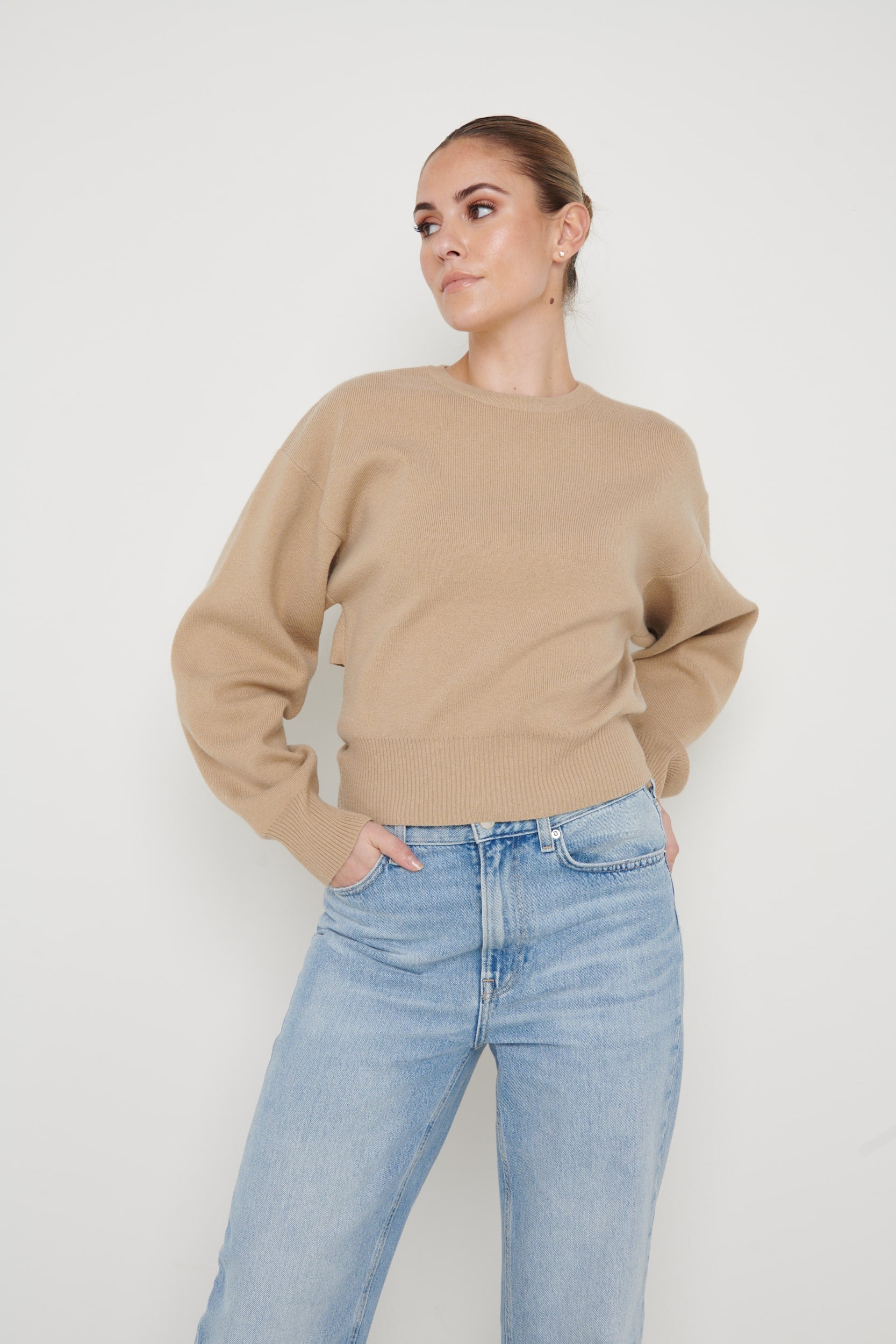 Nola Knitted Tie Back Jumper - Beige