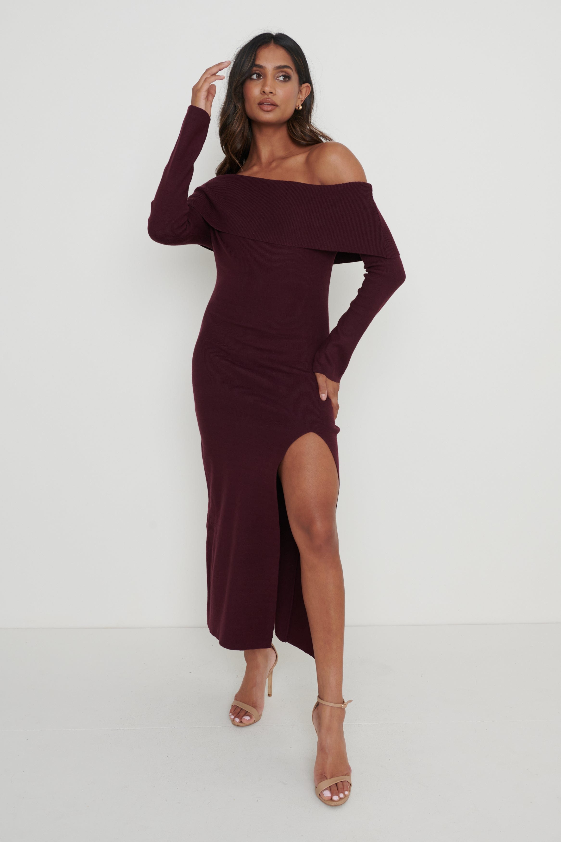 Payton Asymmetric Bardot Knit Dress - Wine