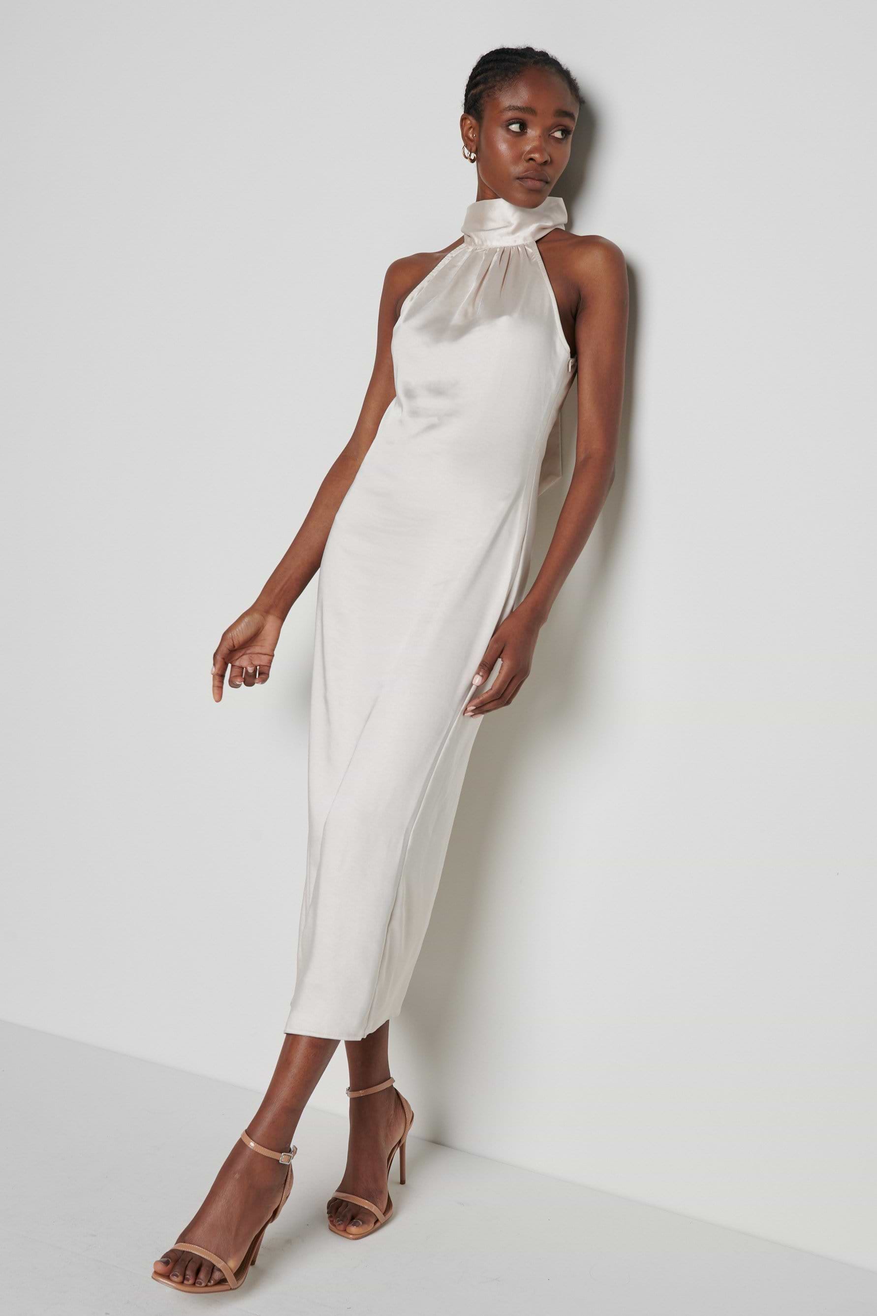 Raleigh Halter neck Tie Dress- Champagne