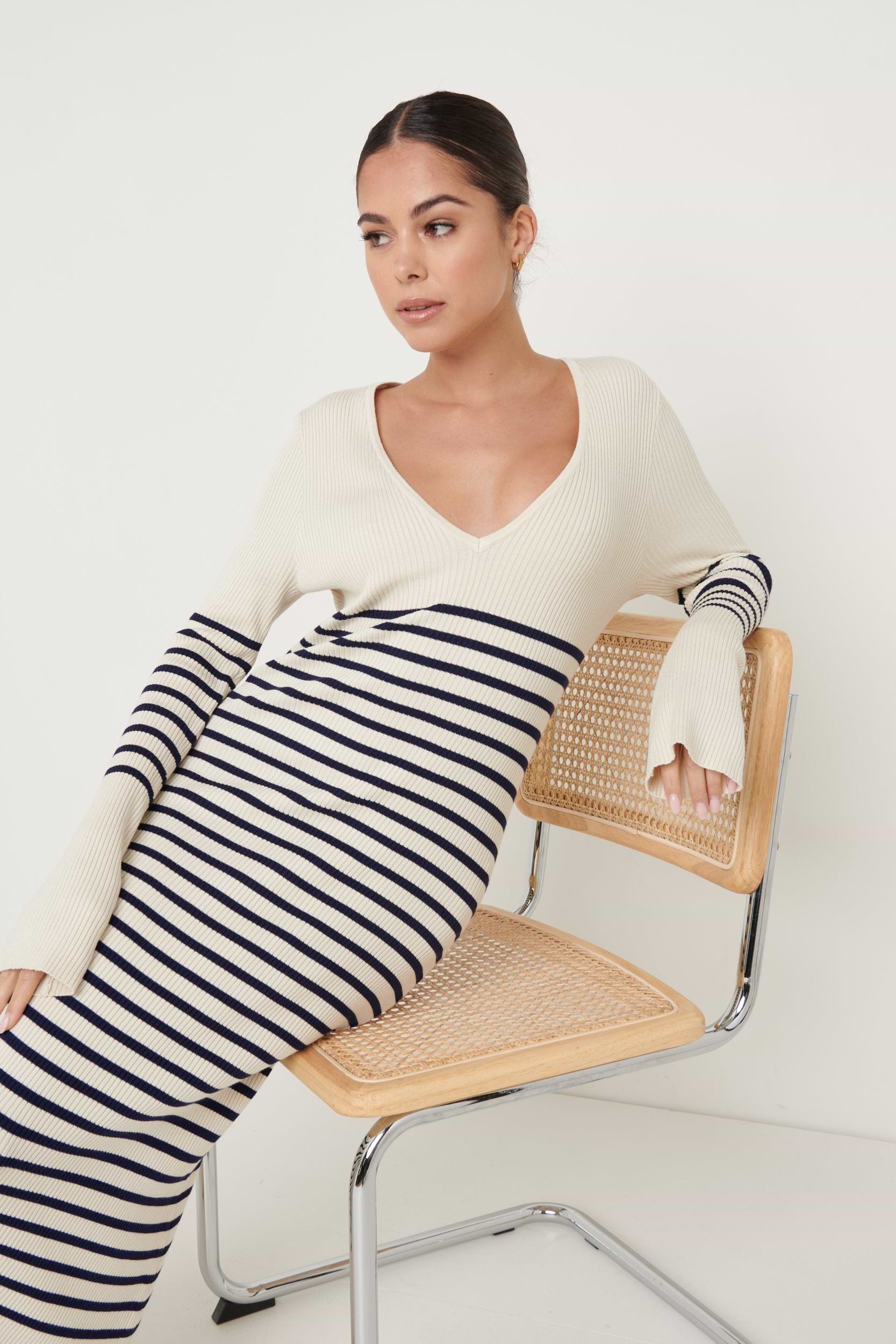 Vanessa Striped Knit Dress - Cream and Blue