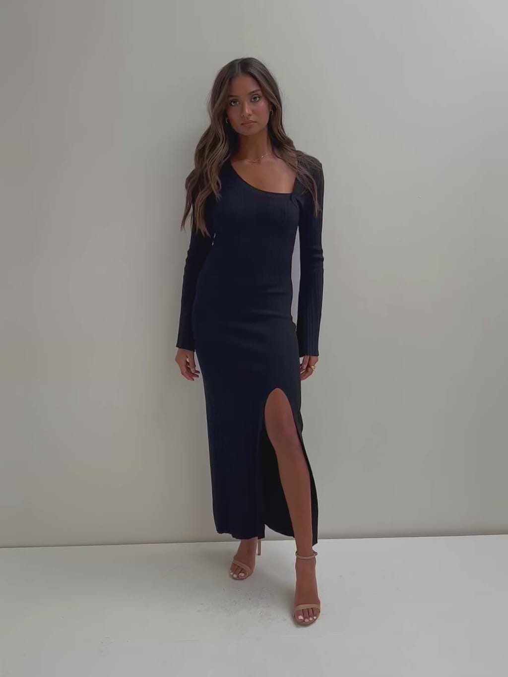 Sachi Is 5’7” & Wears Size UK S|Emmie Cut Out Knit Midaxi Dress - Black
