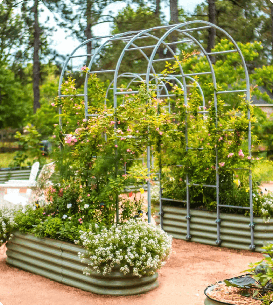 self-watering eco-stained elevated 2x8 planter box with arch trellis 17" Tall L-Shaped Raised Garden Bed Kit Large Size