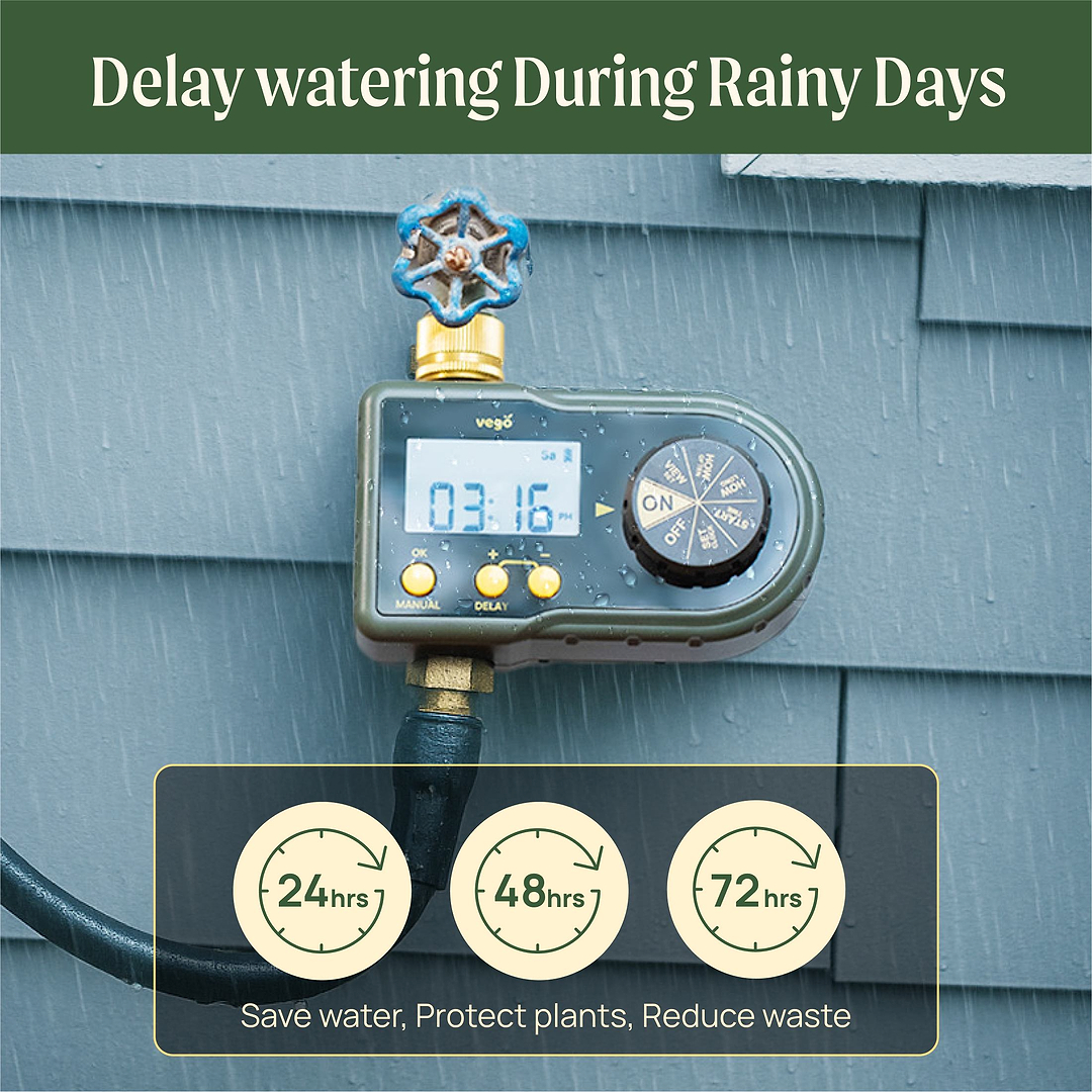 Vego Sprinkler Timer with Brass Inlet Watering Timer For Garden Hose with Rain Delay/Manual Watering/Automatic Irrigati