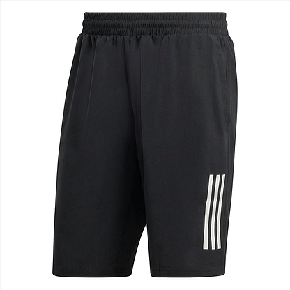 The adidas Club 3 Stripe 7" Men's Badminton Shorts in black feature an elastic waistband and three vertical white stripes on the left leg, making them ideal for badminton. Crafted with moisture-wicking fabric, these shorts keep you comfortable and dry during any activity.