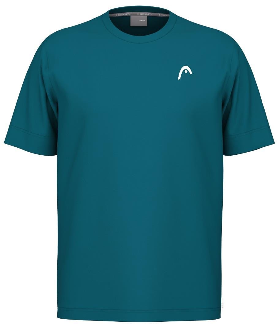 The HEAD Slice II Men's Badminton T-Shirt in teal, made from polyester interlock, boasts a small white logo on the upper left chest. Perfect for badminton lovers, it provides comfort with Moisture Transfer Microfiber technology.