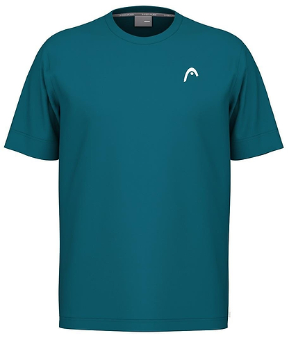 The HEAD Slice II Men's Badminton T-Shirt in teal, made from polyester interlock, boasts a small white logo on the upper left chest. Perfect for badminton lovers, it provides comfort with Moisture Transfer Microfiber technology.