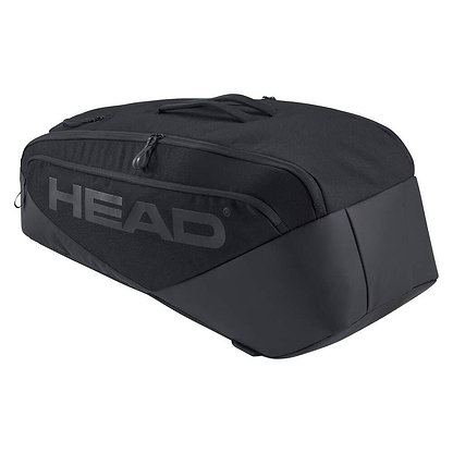 The HEAD Pro X 9 Racket Badminton Racket Bag L - Black features a large zippered compartment, side handle, and bold HEAD logo. Its sleek mix of fabric and hard-shell design makes it perfect for badminton and inspired by Novak Djokovic.