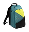 The Dunlop SX Performance Badminton Backpack combines style and function with a teal body, black and lime front pocket sporting geometric patterns, and black shoulder straps. Ideal for racket transport, it offers modern appeal and practicality with multiple zippers.
